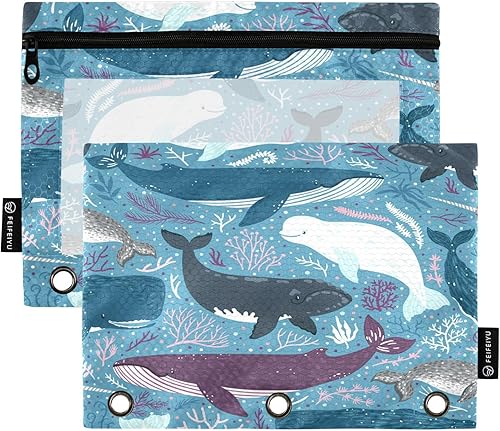 Estuche para lápices de animales del océano de ballenas para lápices de 3 anillos con cremallera, estuche transparente para lápices, bolsas para