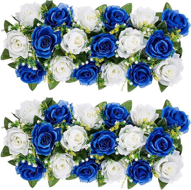 BLOSMON Artificial Flowers Wedding Centerpieces Decorations Fake Flowers 2 Pcs Royal Blue&White Silk Floral Arrangement Dinning Table Runner Centerpiece, Rose Flower for Room Reception Table Decor
