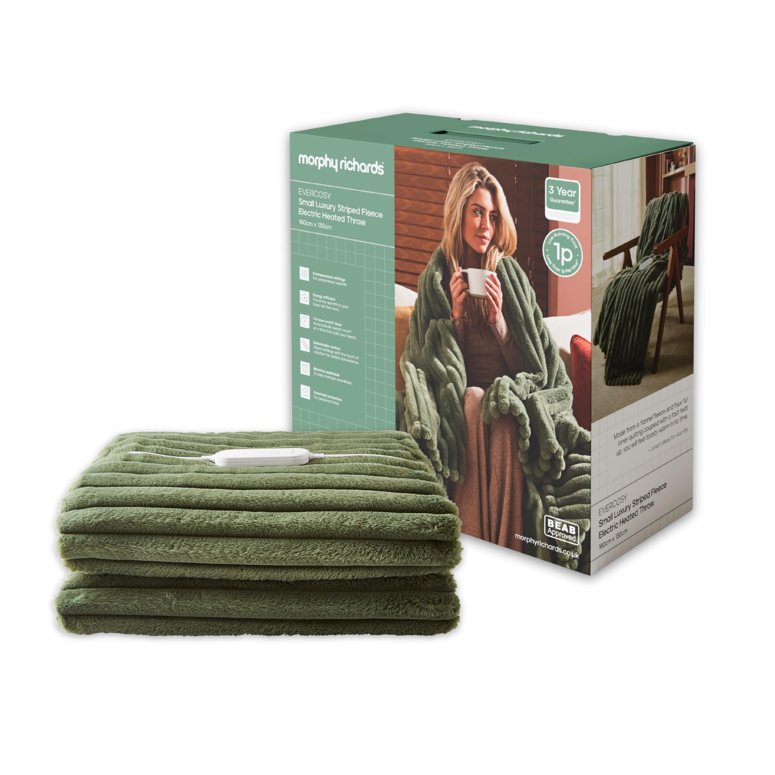 Morphy Richards Green Evercosy Small Luxury Striped Fleece Electric Heated Throw In | Size: Double
