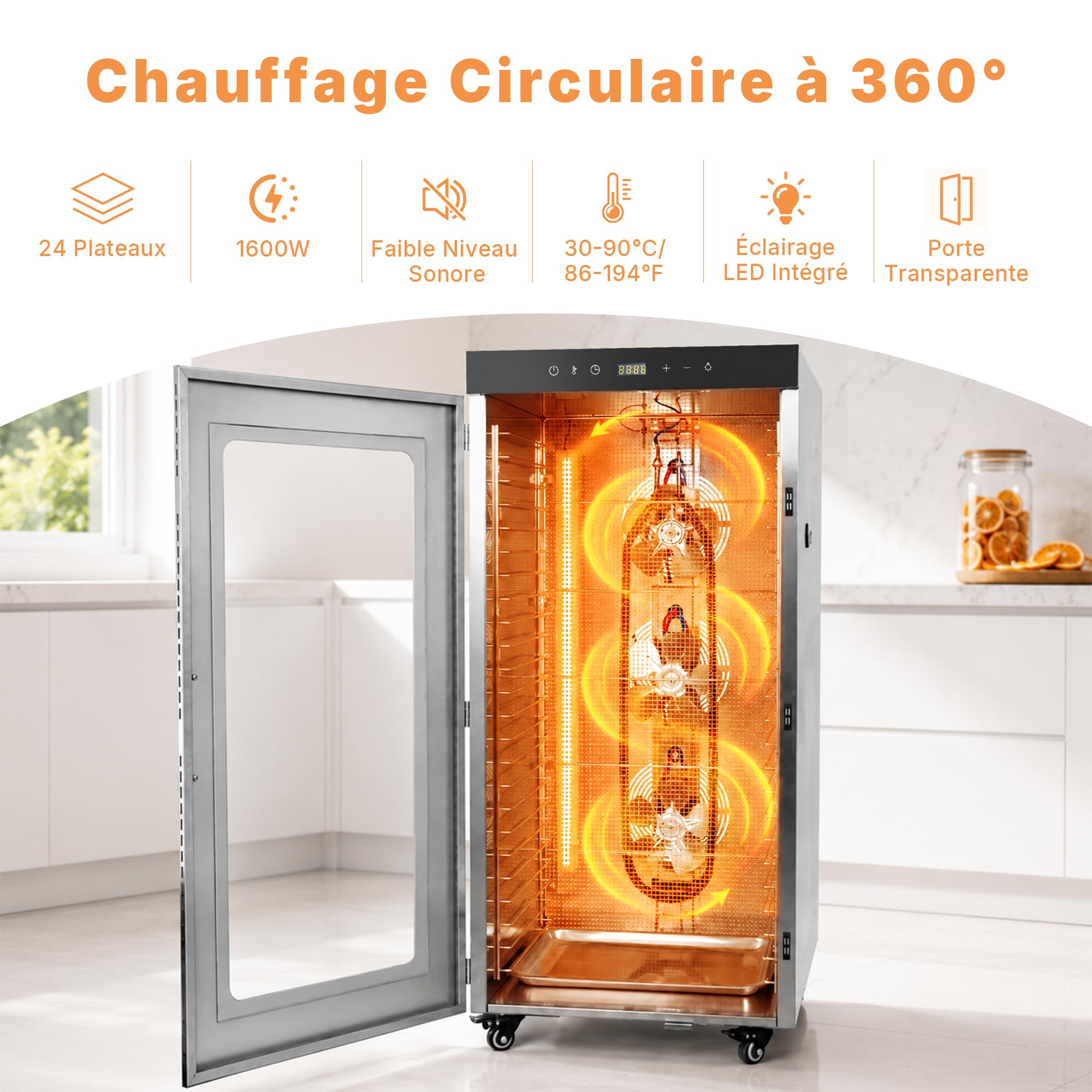 Hakka Déshydrateur Alimentaire Professionnel, 24 Plateaux, Pour Viande Séchée, Légumes, Fruits, Viande, Friandises pour Chiens et Herbes, en Acier Inoxydable, 2000 W