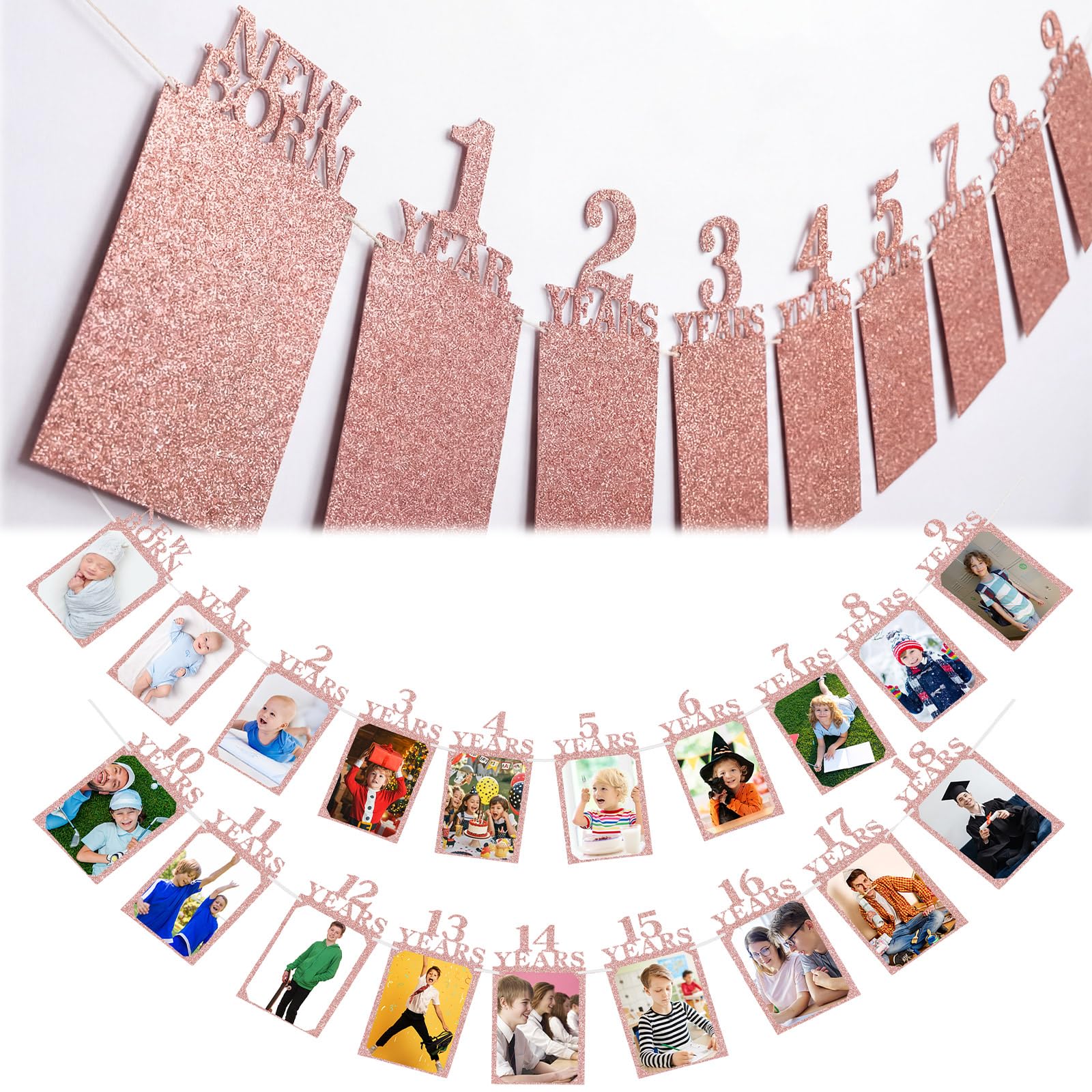 Breling 18th Happy Birthday Photo Banner Newborn to 18th Age Photo Banner Decorations 16th Party Picture Frame Garland Display Party Supplies(Pink)