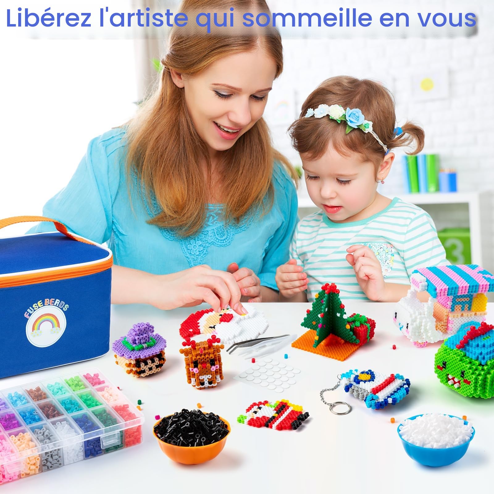 Sundaymot Kit de Perles à Repasser, 12 000 Perles de 5mm avec Trousse de Rangement, 26 Couleurs DIY, 4 Panneau Perforé, 2 Bols à Compartiments et Pince, Kit de Loisirs Créatifs pour Enfants dès 6 Ans