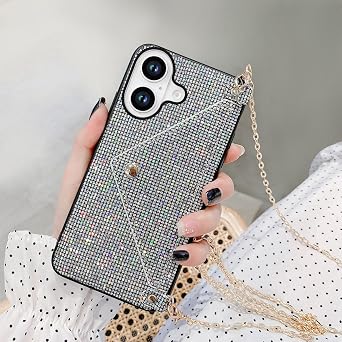 for iPhone 16 Plus Bling Case, Glitter Diamond Sequins Case Small Credit Card Cash Holder Wallet Case with Shiny Crossbody Chain Hard Back Protective Girly Stand Case Black