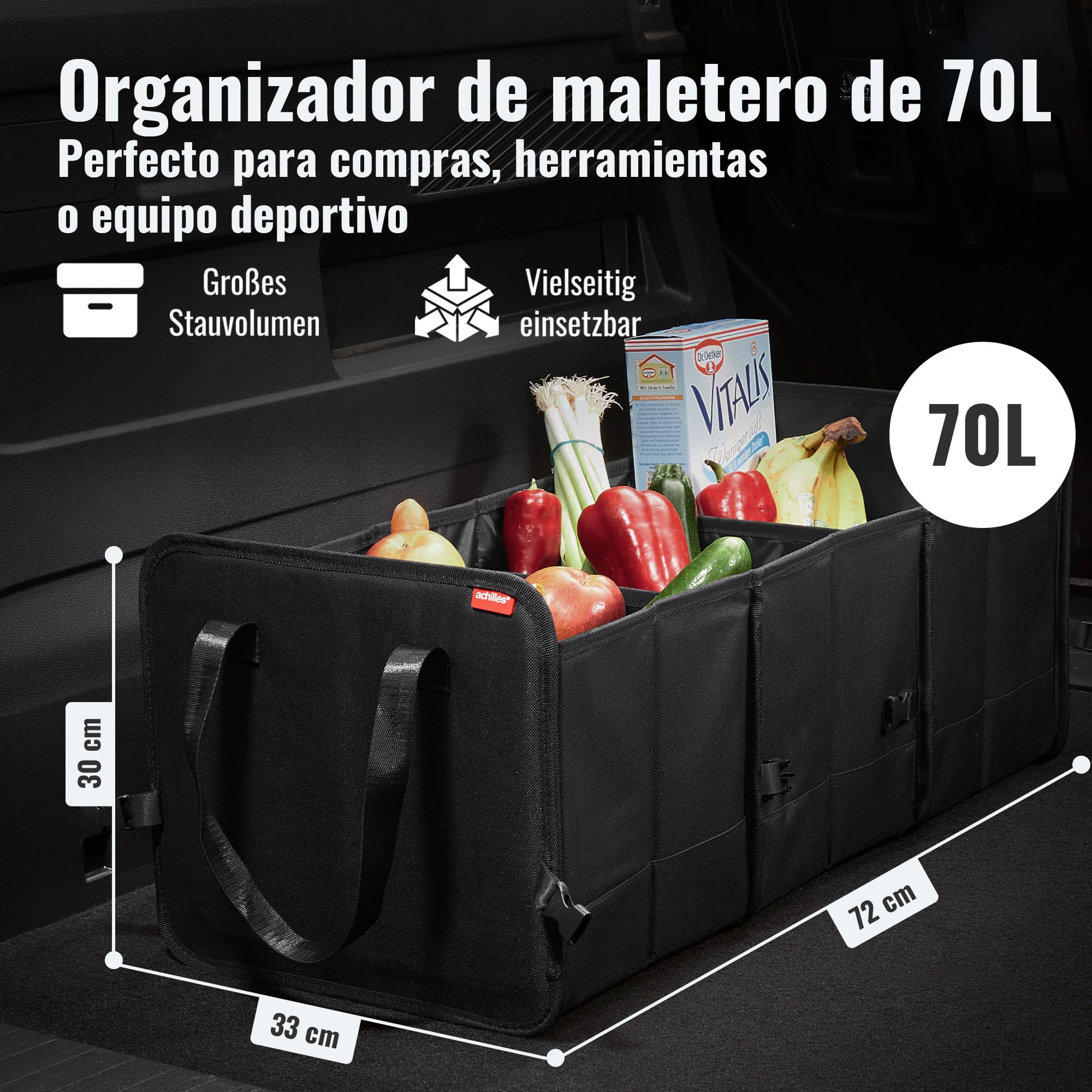 achilles Caja plegable para coche, organizador de coche, bolsa de maletero de tamaño ajustable, organizador de maletero, cierre de velcro en el suelo Negro 72x33x30cm