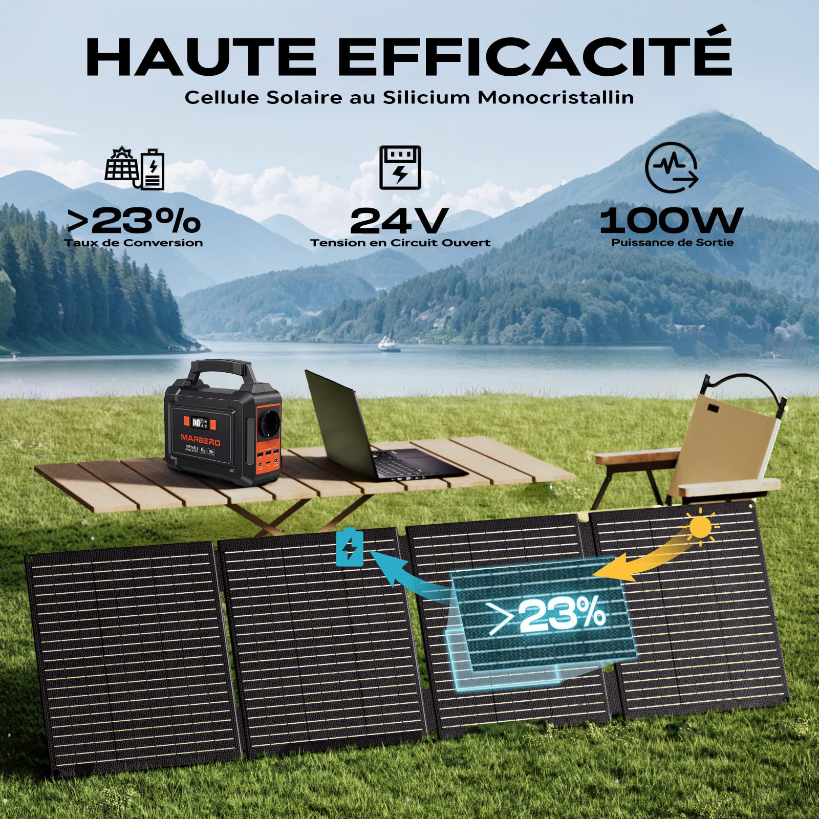 MARBERO Groupe Électrogène Portable 24.000mAh avec Panneau Solaire Pliable 100W, Power Bank avec Prise AC 120W (Pic), Générateur Solaire avec Panneau Inclus, pour Urgence Maison Camping