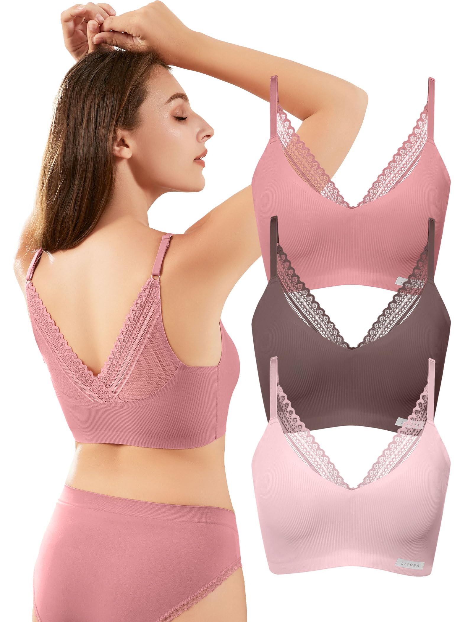 LivonaLace Bralette for Women - Comfort Sports Bra Wireless Padded Bralette with Support Workout Tops Cami Crop S-XXL