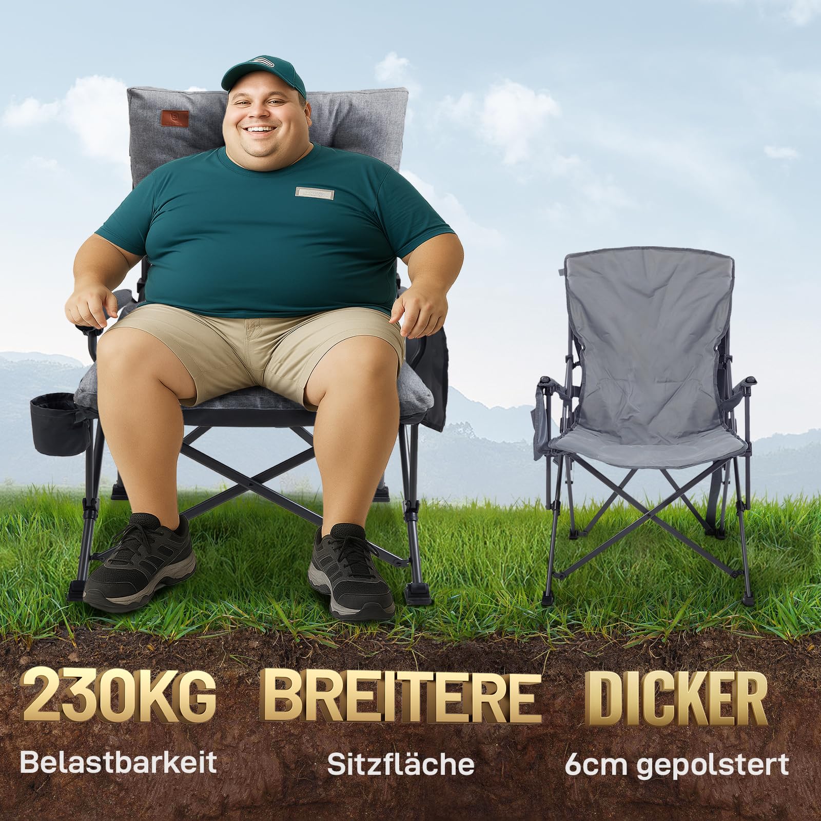 EVER ADVANCED Campingstuhl Faltbar 230KG Belastbar XL Klappstuhl 62cm Sitzbreit mit Seitentasche Getränkehalter Übergroß Faltstuhl Angelstuhl für Camping Outdoor Balkon Garten
