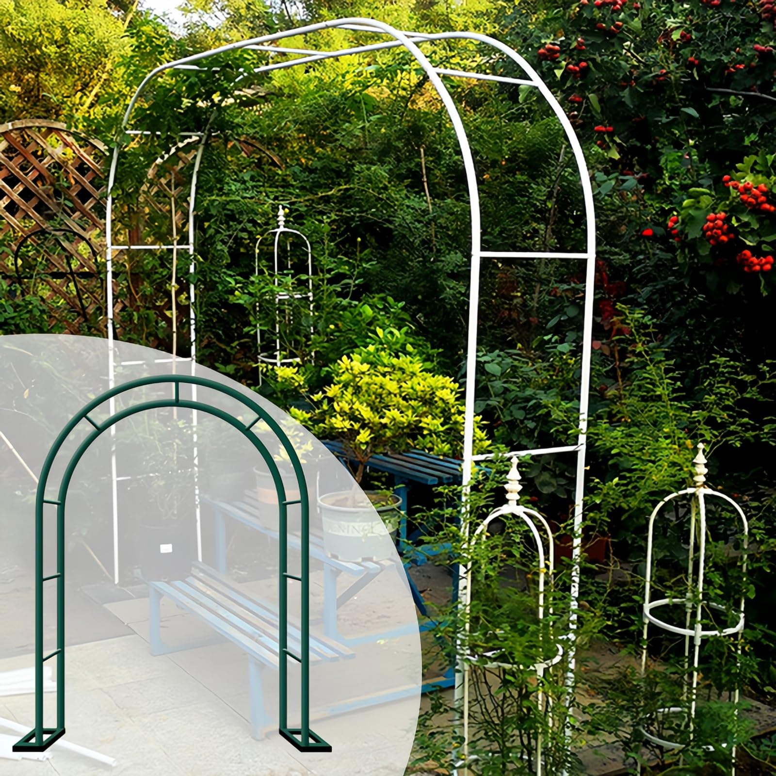 Arco de jardín de metal verde oscuro resistente de 300 x 250 cm, pérgola chapada en zinc, enrejado de rosas resistente para plantas trepadoras, soporte decorativo para puerta arqueada