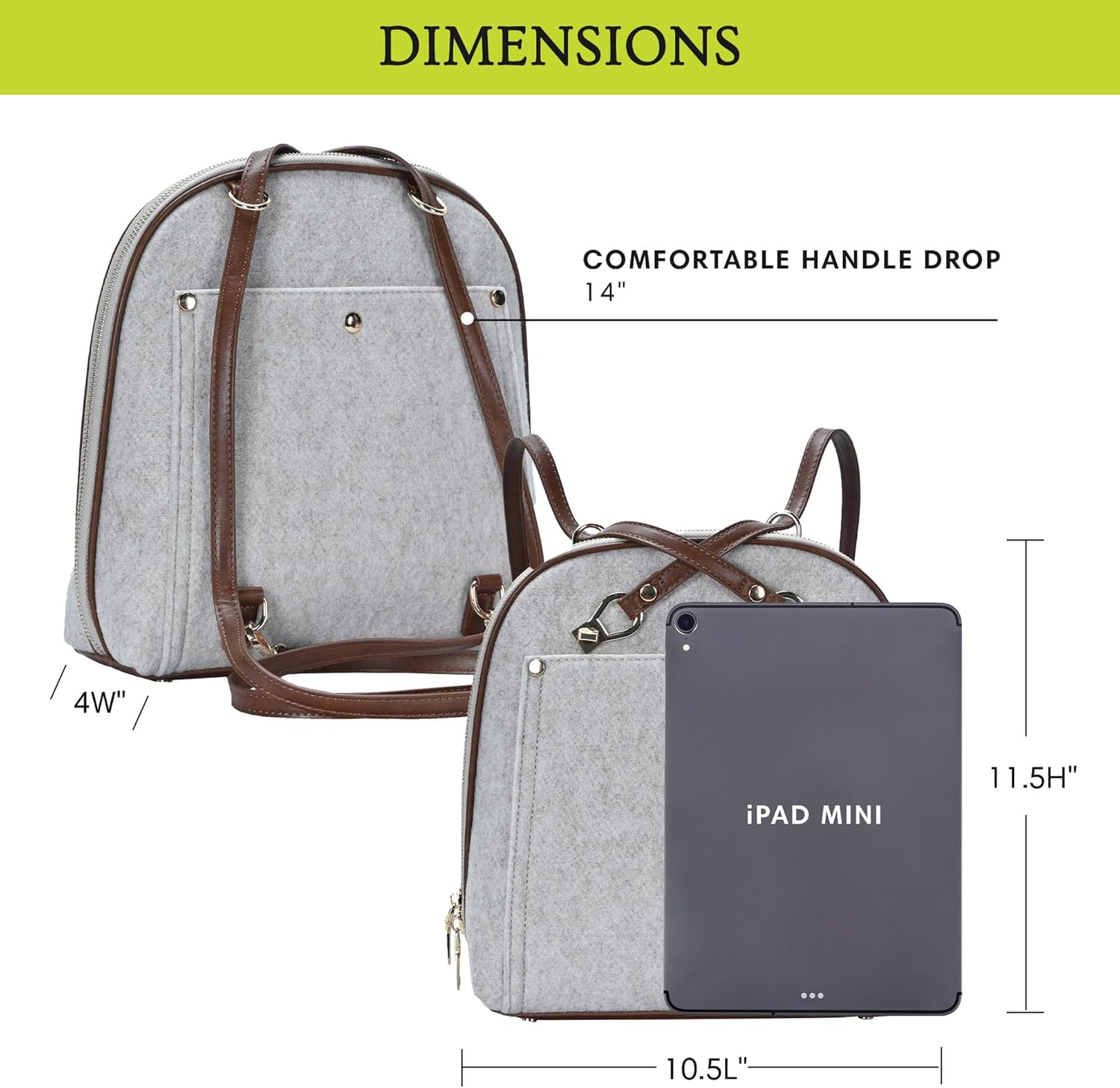 MMS Brands Miztique Daisy Felt Convertible Backpack Purse for Women (Taupe) | Felt Shoulder Strap Bag or Convertible Backpack | 10.5in x 4in x 11.5in |