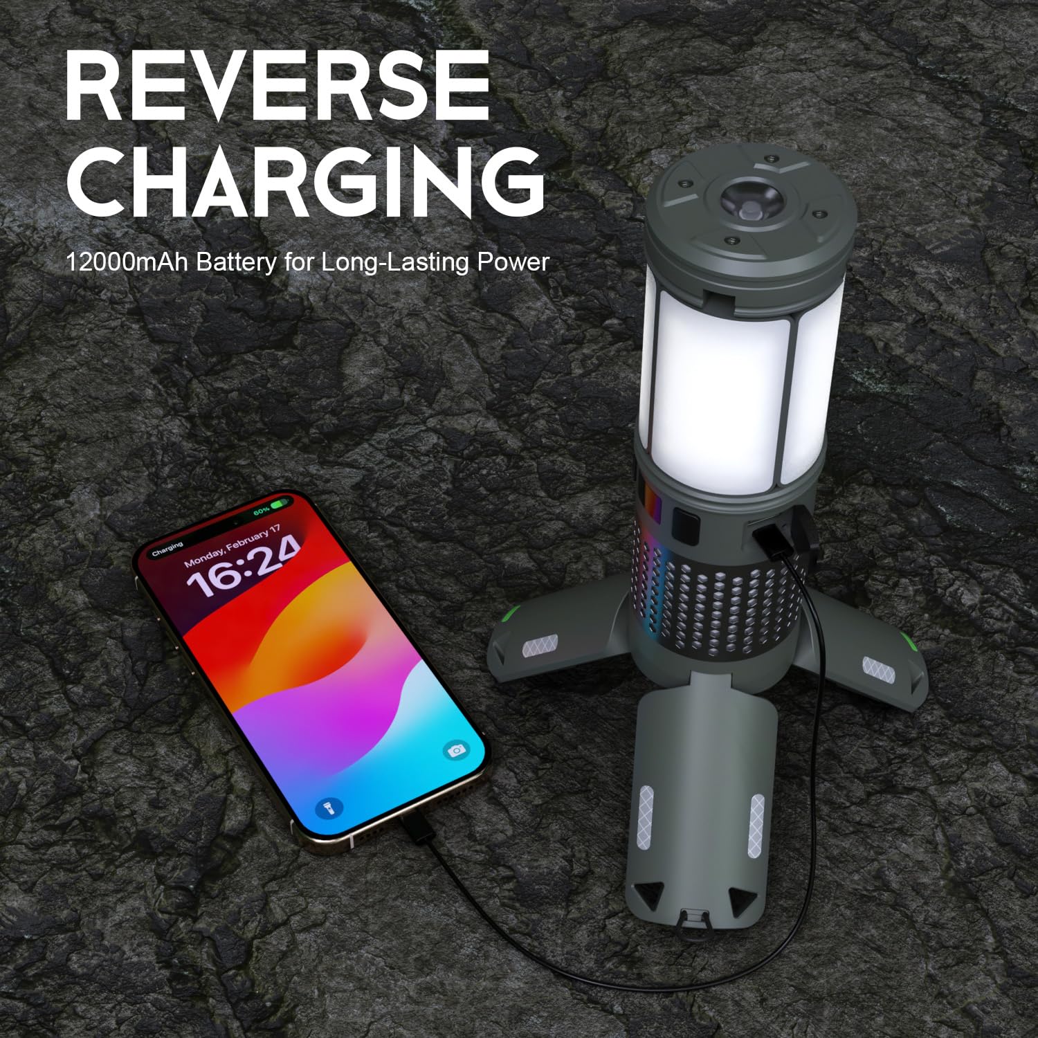 Lanterne de camping télescopique pliable avec batterie de 12 000 mAh, lumière LED étanche IPX6, base magnétique, lampe de poche rechargeable pour aventures en plein air, randonnée, urgence et