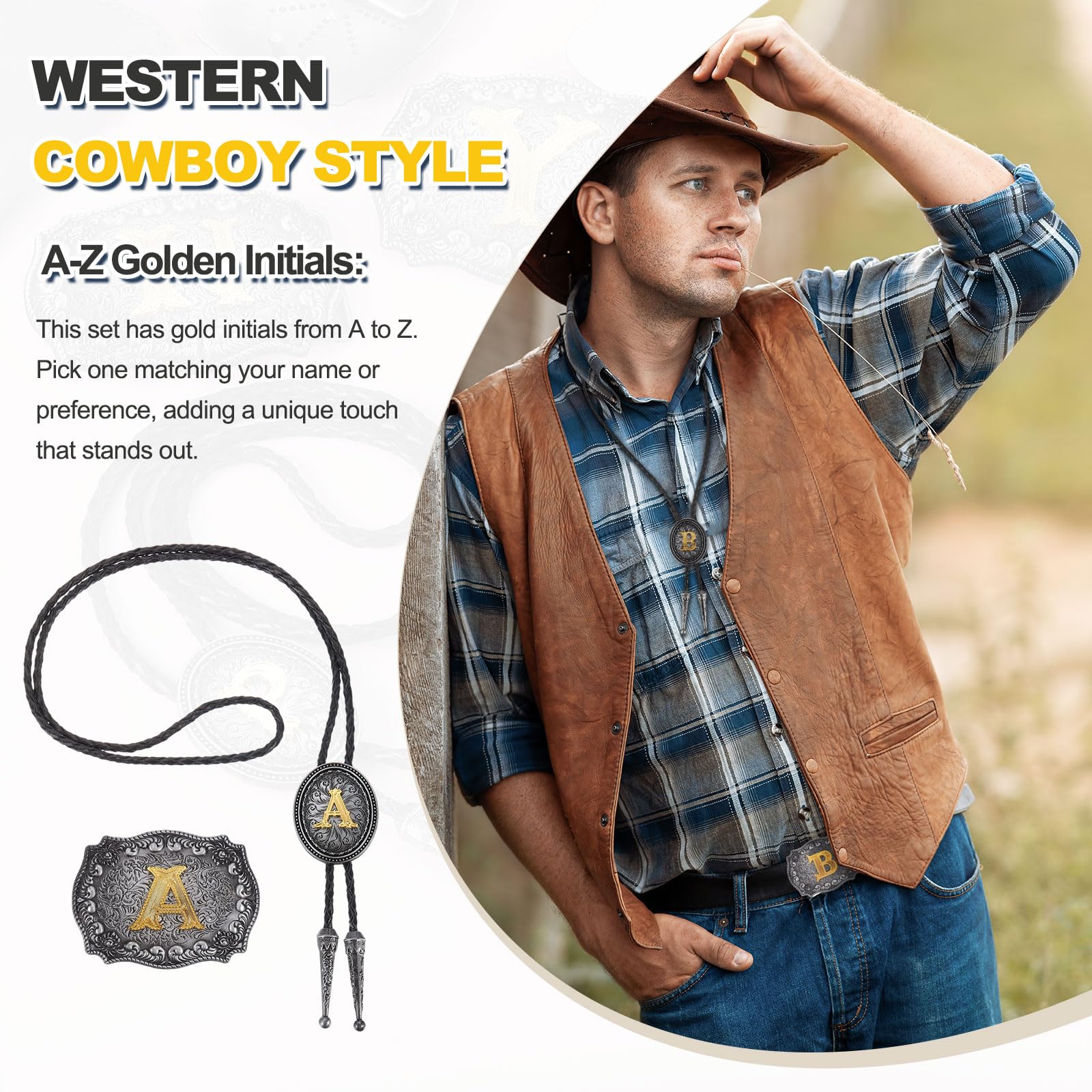 QUARKZMAN 2 Pcs Western Cowboy Bolo Tie And Belt Buckle Set Golden Initial Letter M Cowhide Rope Necktie For Women Men Costume Traditional Vintage Accessories, Grey Black/Gold