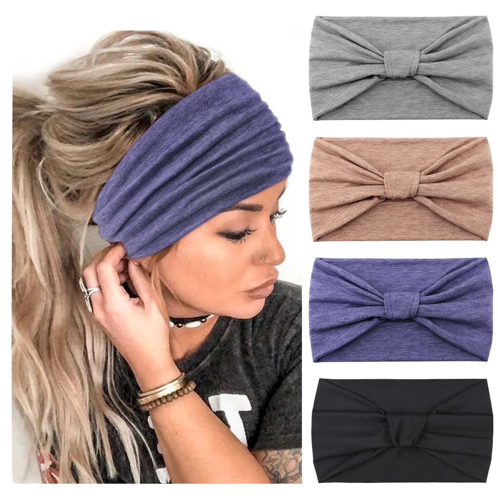 DRESHOW 4 Pack Turban Headbands for Women Wide Vintage Head Wraps Knotted Cute Hair Band Accessories