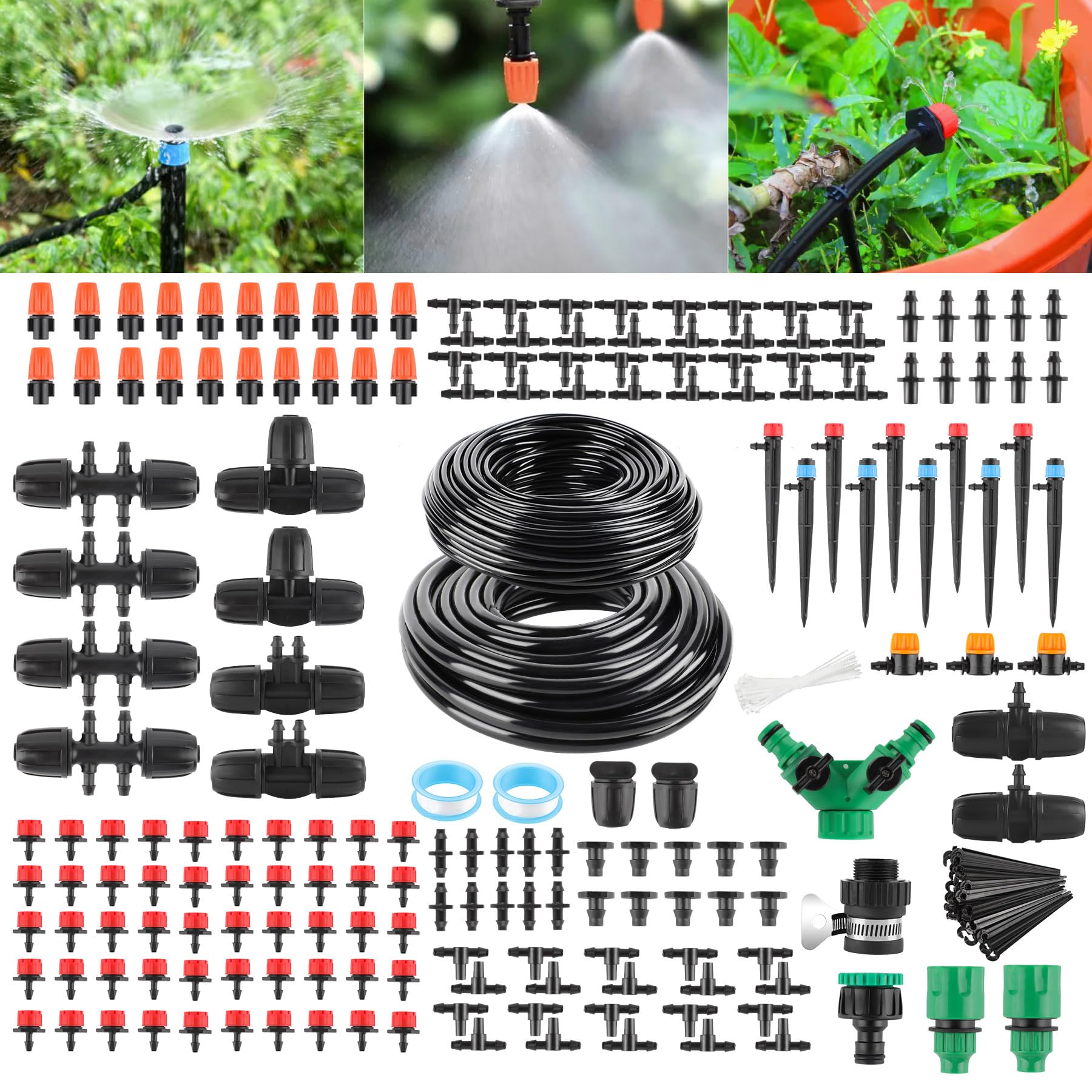 YAOBLUESEA Kit Irrigazione a Goccia 315PCS Impianto Irrigazione Giardino,60M + 15M Tubo Di Irrigazione Automatico Del Sistema Di Irrigazione a Goccia Kit per Prato, Giardino