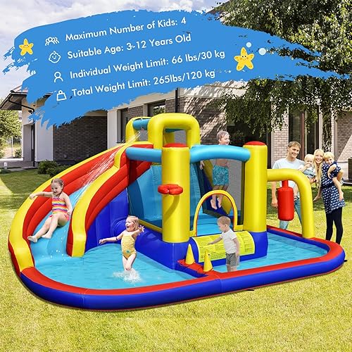 Miniatura 9 de BOUNTECH Castillo inflable para tobogán acuático, castillo de salto de parque acuático 6 en 1 para niños con 2 piscinas de salpicaduras, anillo de