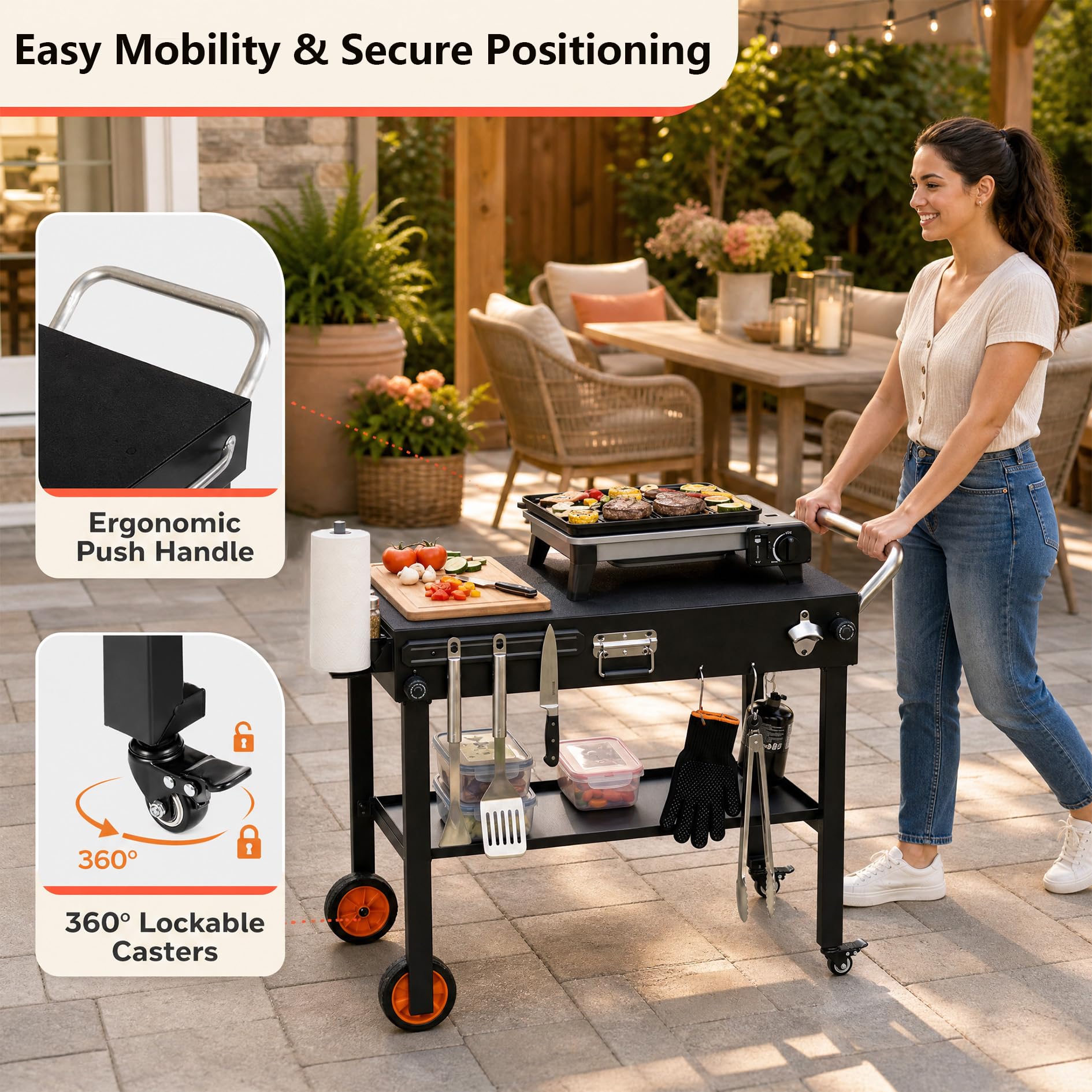 KOMFOTTEU Carrello Barbecue da Esterno Pieghevole con Ruote | Carrello per Grigliate con Ripiano Aperto, 7 Ganci e Tovaglietta Resistente al Calore, per BBQ, Picnic e Feste