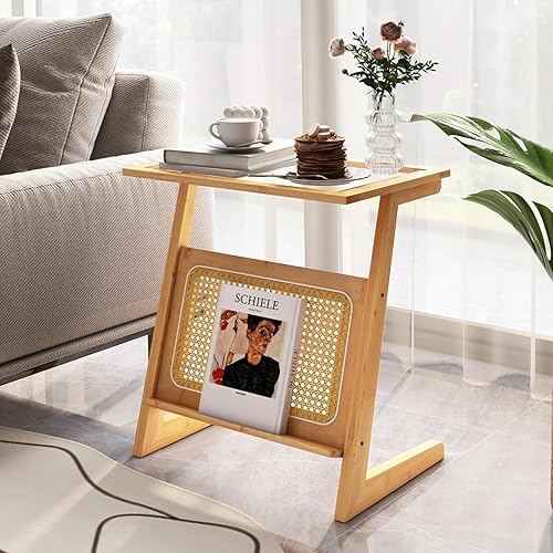 Miniatura 36 de GOFLAME Juego de 2 mesas auxiliares de ratán, mesa auxiliar en forma de Z con parte superior de vidrio templado, revistero, mesita de noche bohemia,