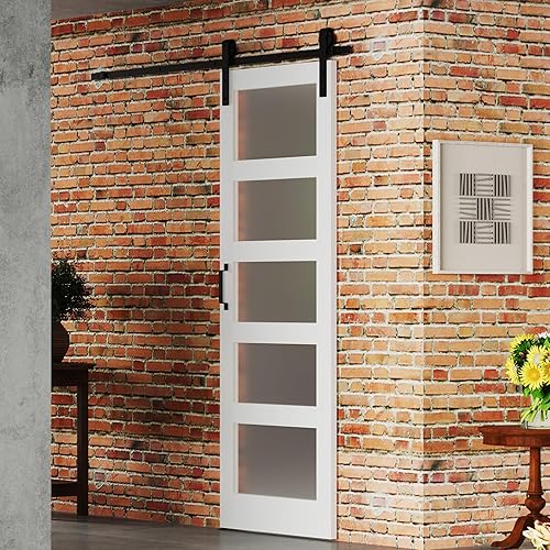 BARNER HOME Puerta corrediza de granero de 30 x 84 pulgadas, MDF, imprimada, 5 paneles de vidrio, necesita montar, con herrajes de 6.6 pies, mango y