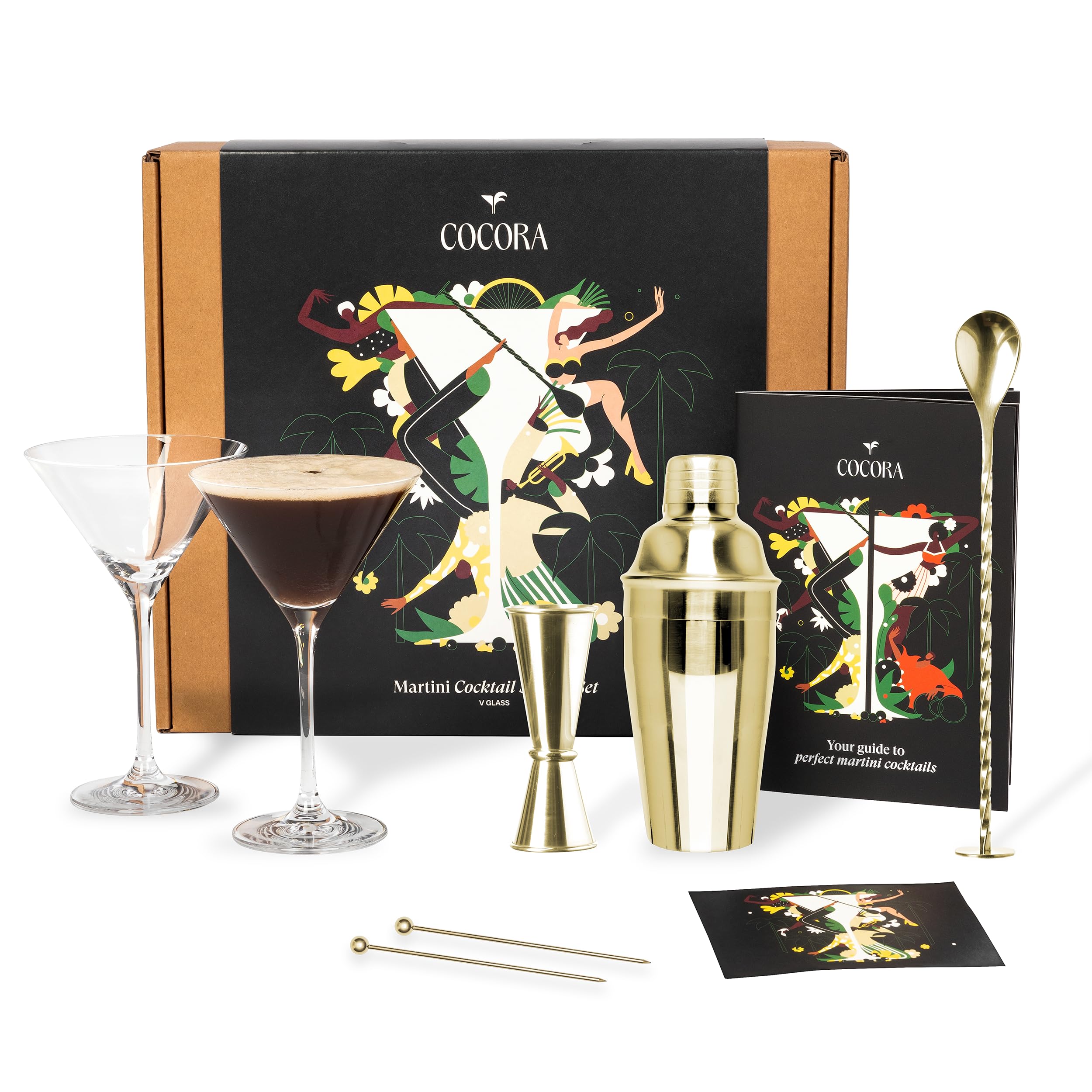 Juego de Martini Cocora | Set de Cóctel de 8 Piezas con Vasos | Coctelera, Taza medidora | Copas de cóctel de Martini | Libro de cócteles (Espresso Martini, Cosmopolitan)