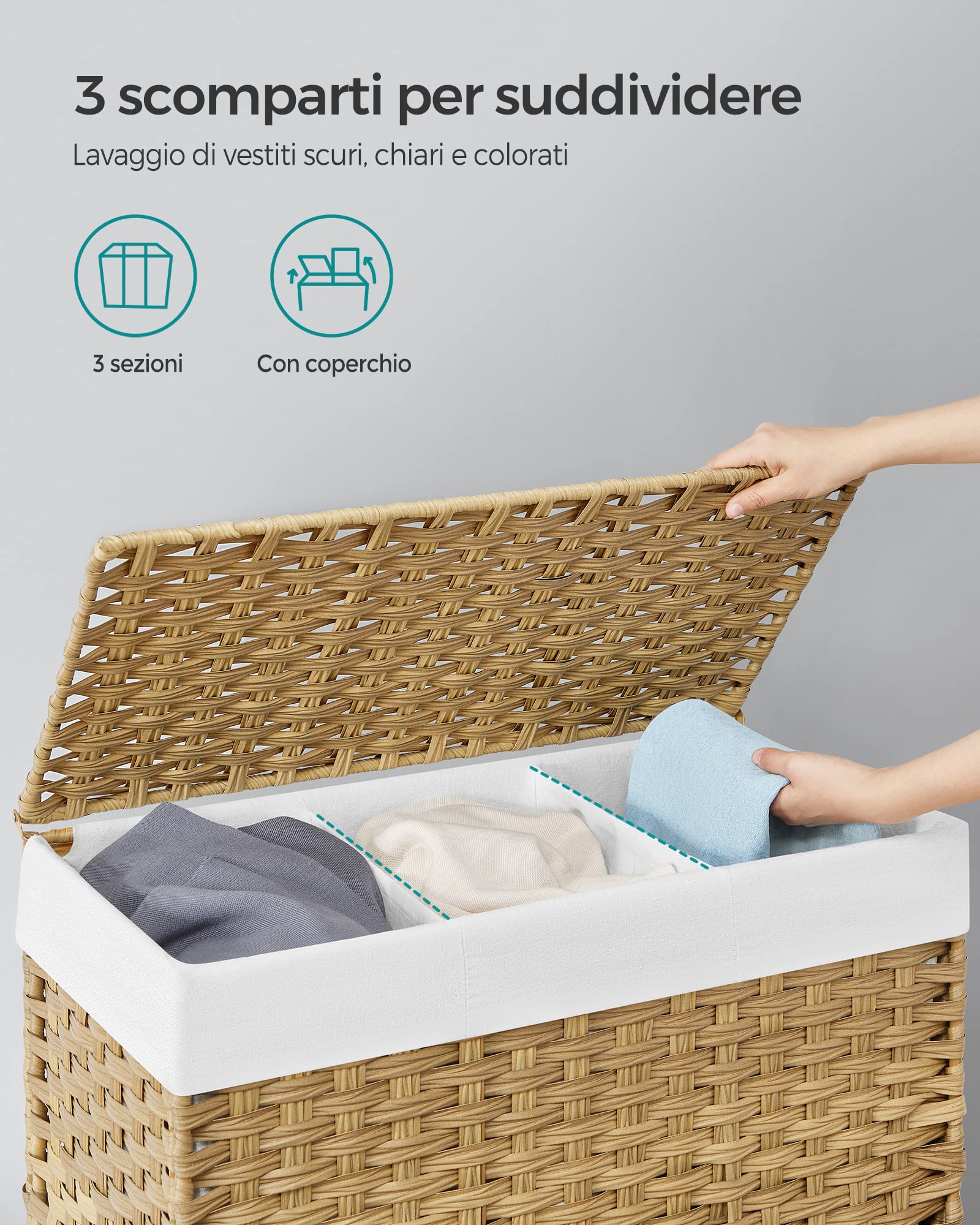 SONGMICS Cesto Portabiancheria con Coperchio, 140L, Cesta Biancheria in Rattan Sintetico con Ruote, 3 Scomparti, Sacco Rimovibile, Lavanderia Camera da Letto, 66 x 33 x 66 cm, Naturale LCB363N01