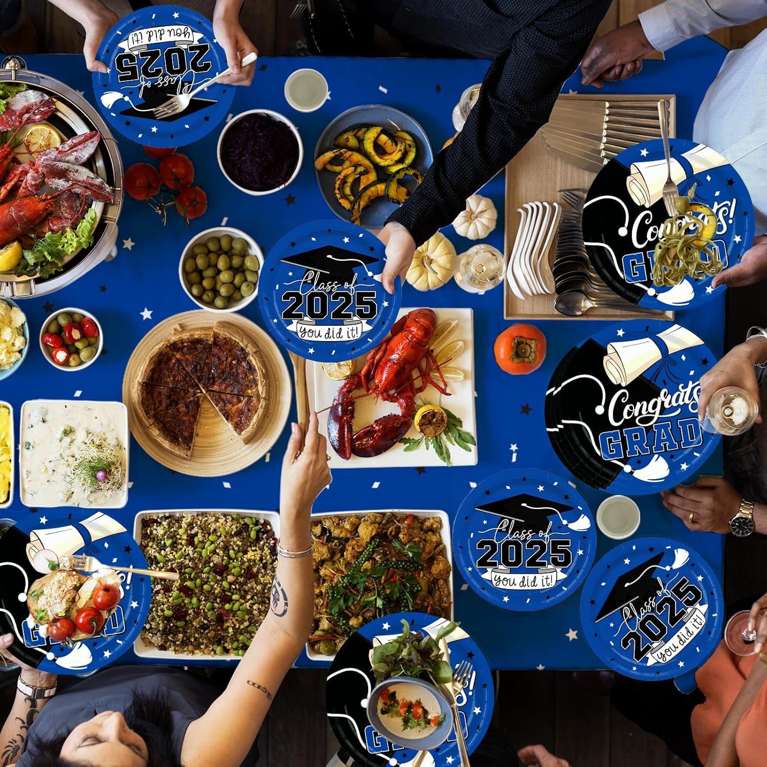 2025 Graduation Decorations Kit: Grad Party Supplies with Blue Disposable Plates, Napkins, Tablecloth, and Congrats Grad Banner for 25 Guests - Graduation Party Decorations