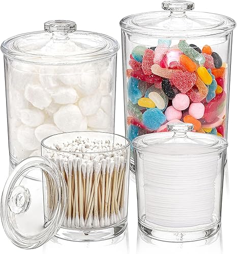 ZOOFOX Juego de 4 tarros de boticario acrílico, 45 onzas, 30 onzas, 15 onzas, tarro de plástico grande con tapa, soporte para tocador de baño para