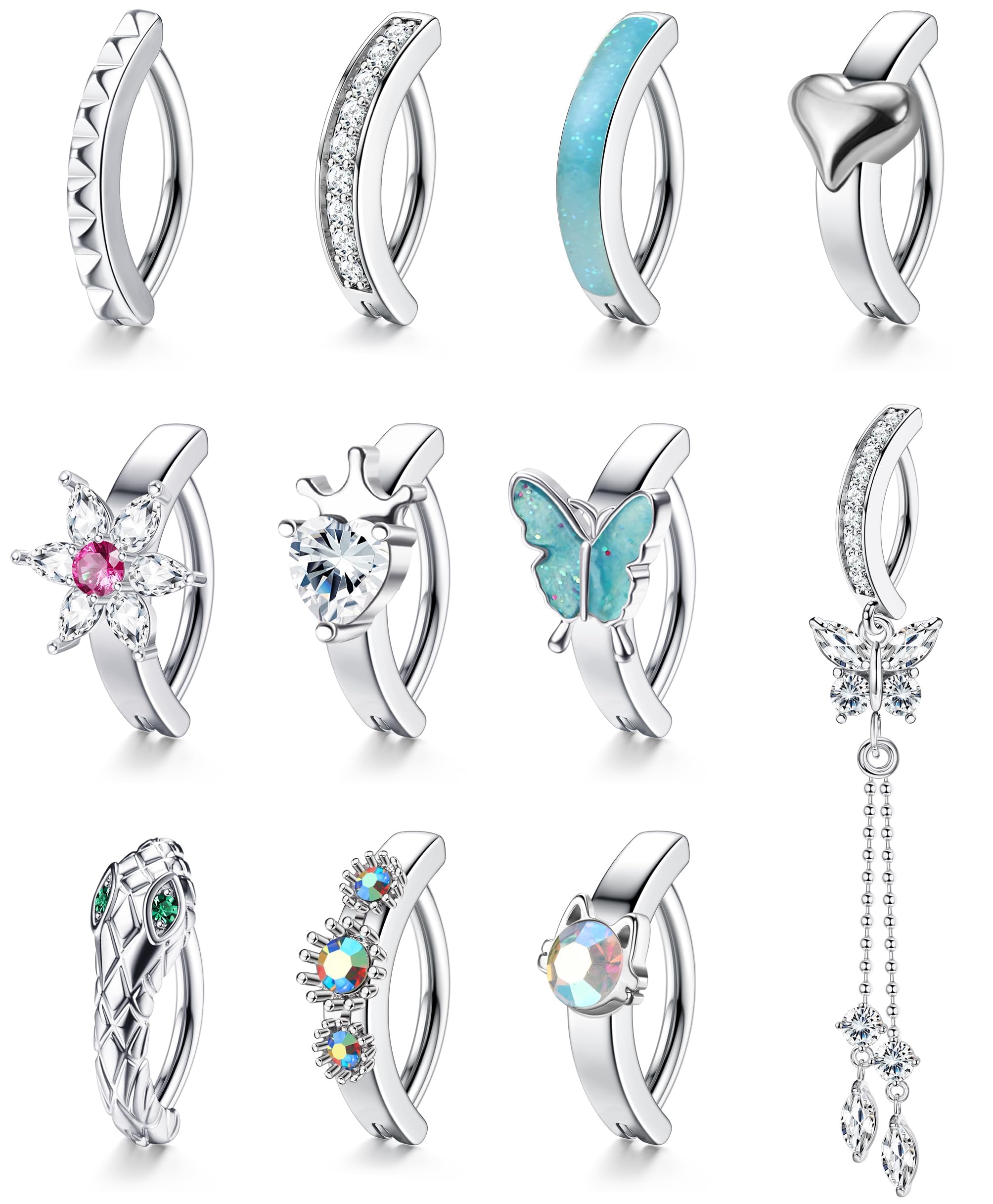 FIOROYAL 11 Piezas 14G Piercing Ombligo para Mujer cero Quirúrgico Clicker Ombligo Anillos Plata Oro CZ Corazón Mariposa Flor Piercing Ombligo 11 Piezas