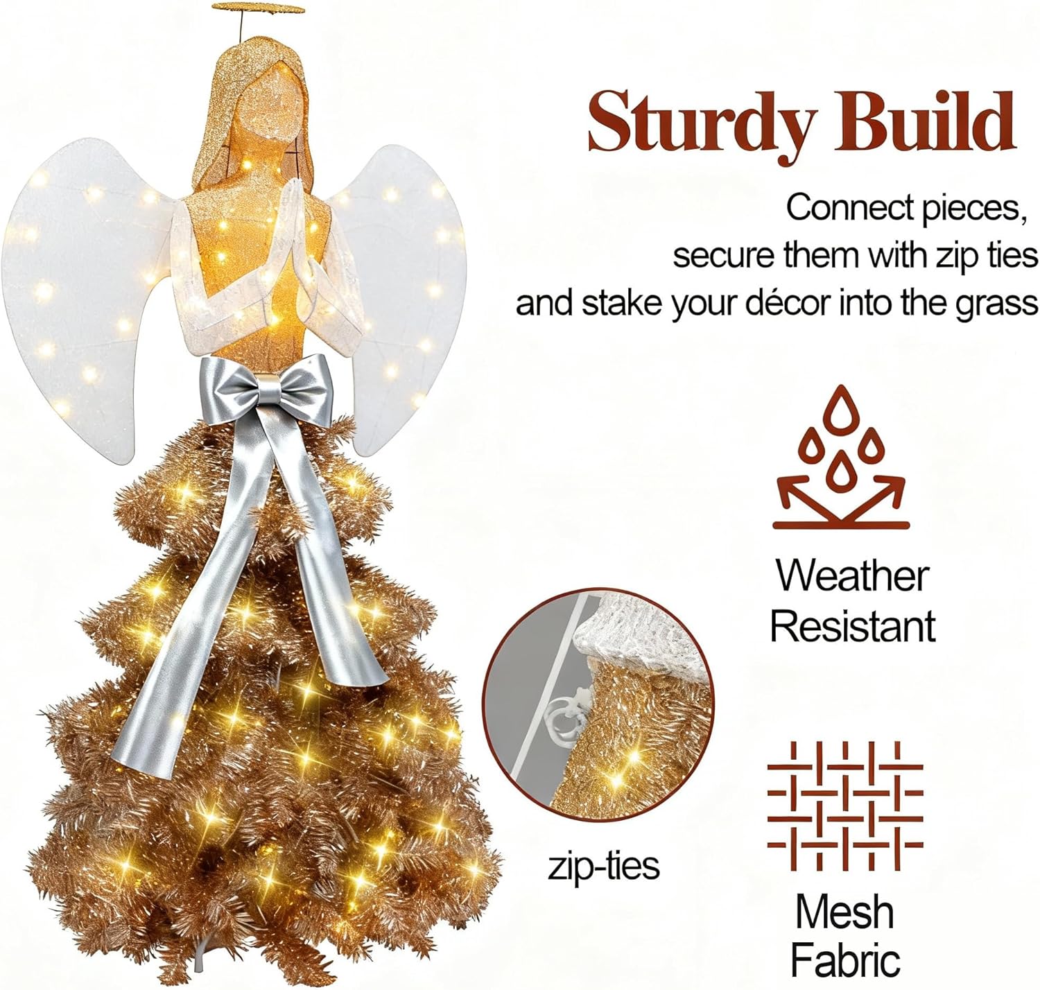 JAMFLY Lighted Indoor/Outdoor Angel Decoration, 5FT Pre-Lit Gold Tinsel Angel with Warm White LED Lights & Sparkling Wings, Waterproof Wedding Outdoor Decor for Party, Home, Yard, Lawn, Patio - Image 4