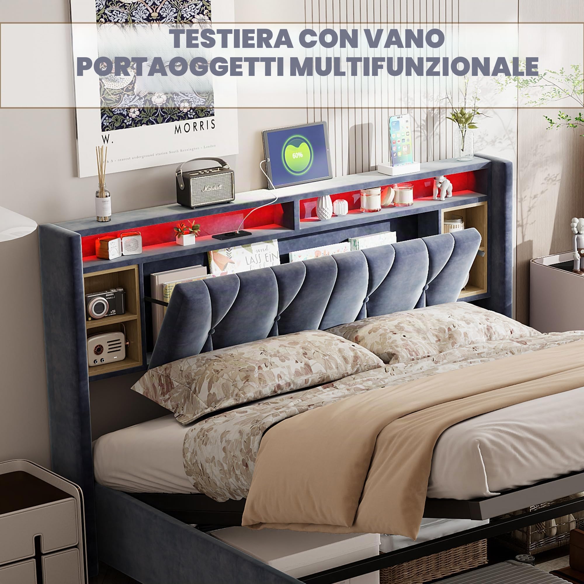 BRILVERDE Letto Imbottito 160x200 cm con Contenitore Idraulico, Letto Matrimoniale a LED con USB, Funzionale con testiera, Struttura Letto con Rete a doghe, Velluto (Grigio, 160 x 200 cm)