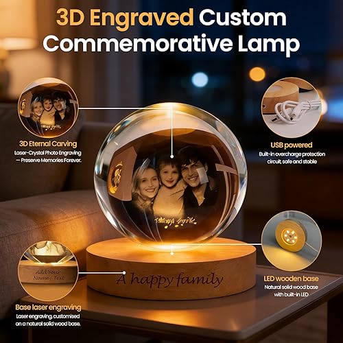 Miniatura 4 de Luz nocturna de bola de cristal personalizada con foto 3D, lámpara de imagen grabada personalizada con base de madera para parejas, familia y