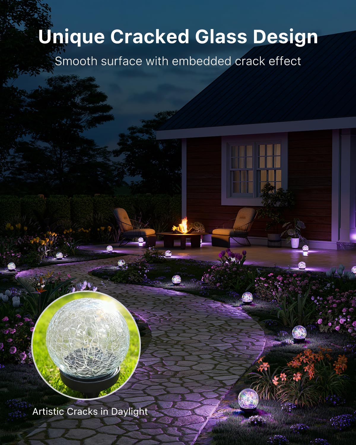 Mehrfarbige solarbetriebene rissige Glaskugel-Lichter für den Außenbereich, wasserdicht, LED-RGB-Ambientekugeln, Lampen für den Außenbereich, Garten, Terrasse, Tisch, Gehweg, Treppen, Rasen