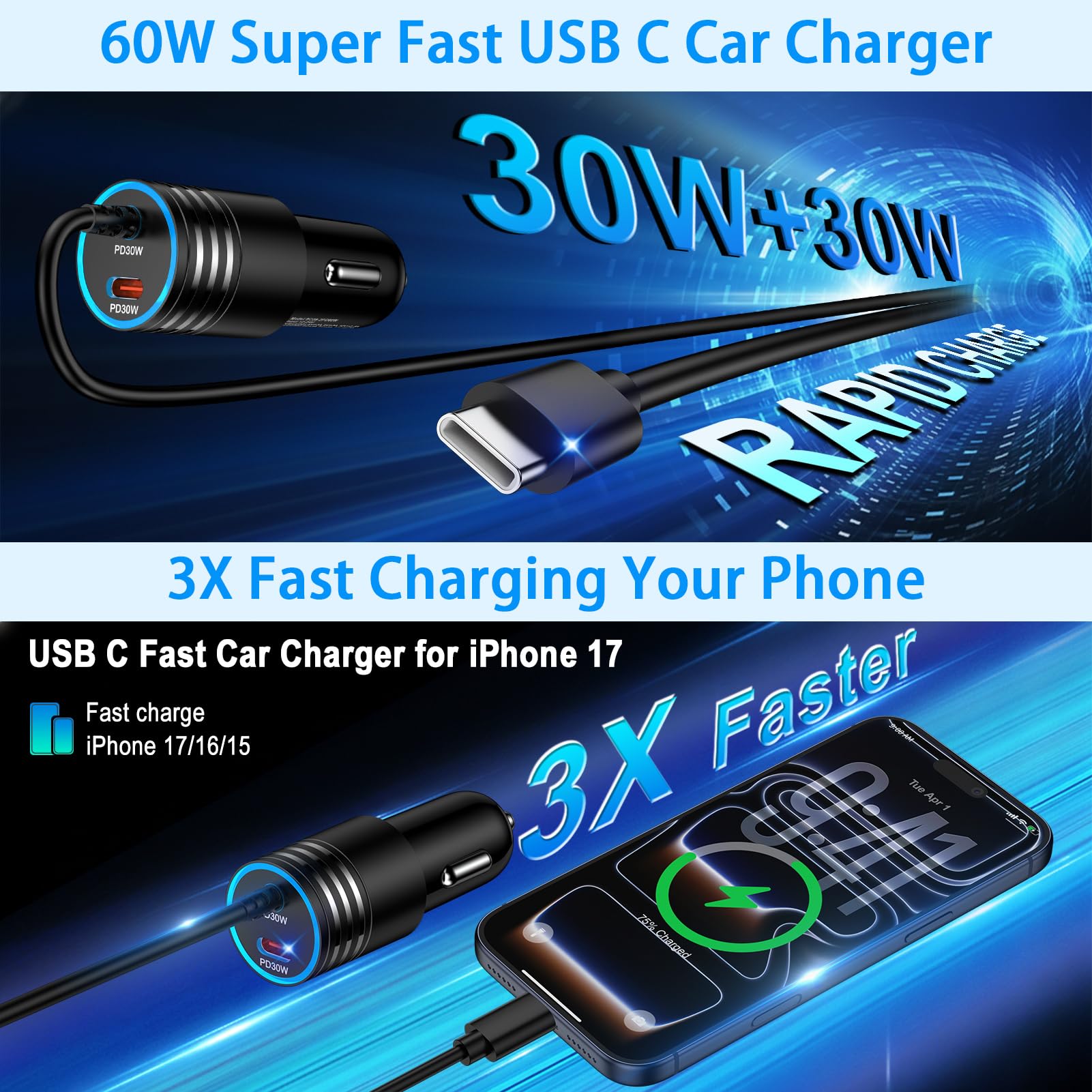 Amazon.co.jp: iPhone 17 車用充電器 USB C 高速充電、60W 超高速