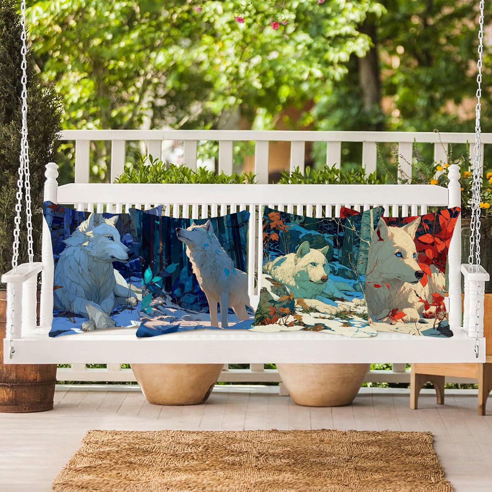 Housse Coussin 60x60 Lin Tissu Imperméable Extérieur, Lot de 4 Housse de Coussin Decoratif Canape Blanc Salon de Jardin Exterieur Coussin Canape pour Canapé Printemps Loup Décoration Art F0P-477