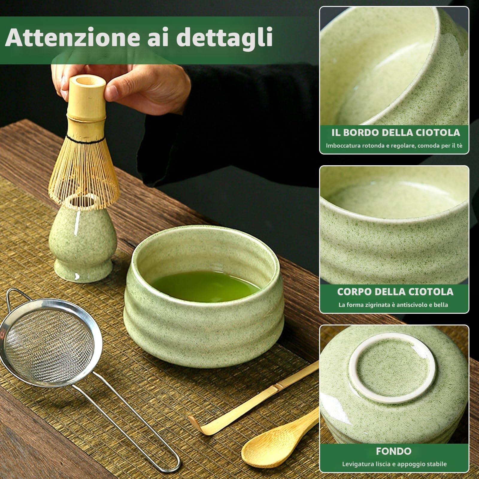 8 Pezzi Matcha Kit, Matcha Tea Kit, Ciotola Matcha, Matcha Whisk, Supporto Chasen, Cucchiaio di Matcha, Setaccio, Tovagliolo da Tè, Portacucchiaio, Set Matcha per Principianti Regalo