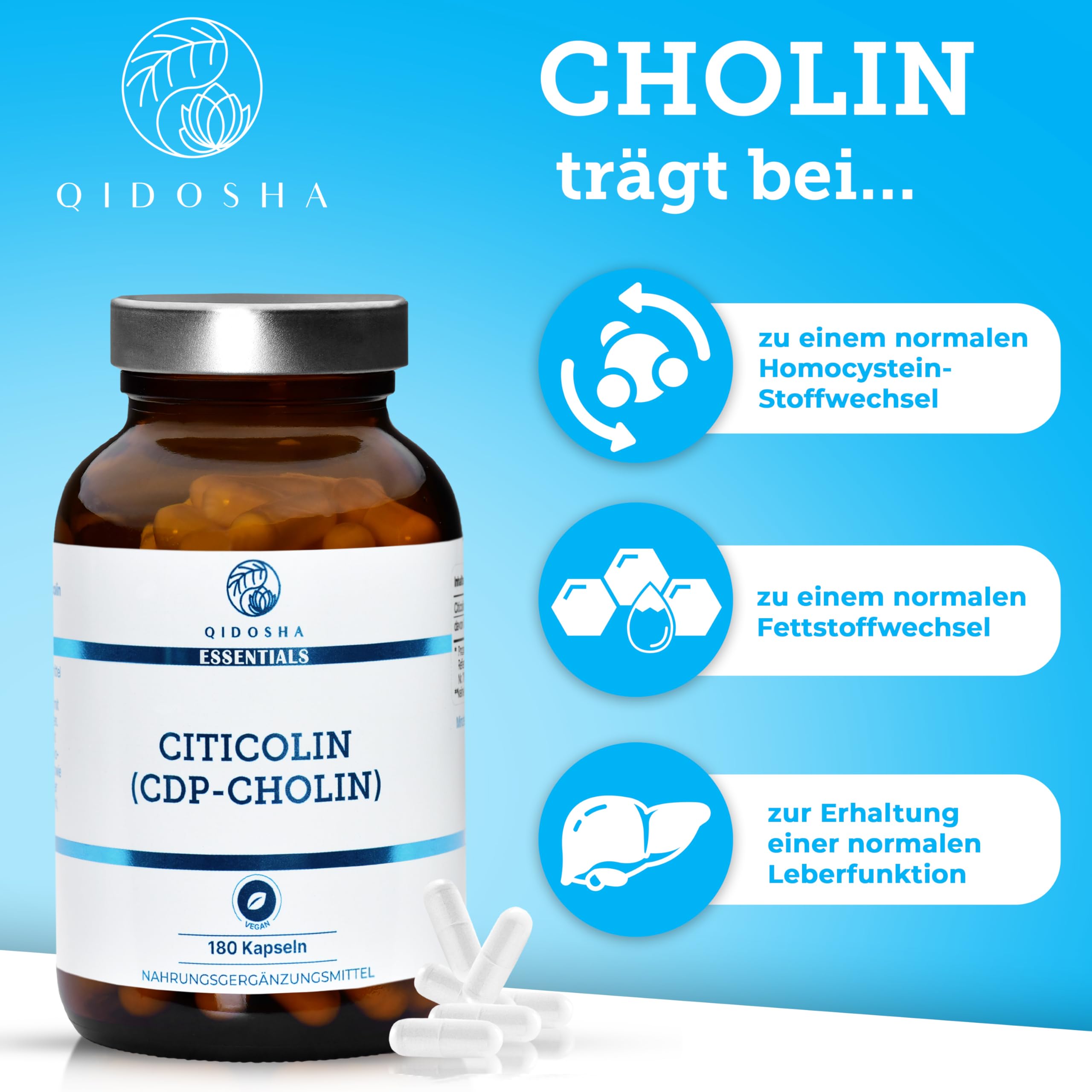 QIDOSHA® CDP Cholin (Citicolin) Kapseln, 180 Kapseln im Apothekerglas, volle 250mg Citicolin/CDP Cholin je Kapsel, vegan, laborgeprueft, deutsche Fertigung, Citicoline CDP Choline 250mg