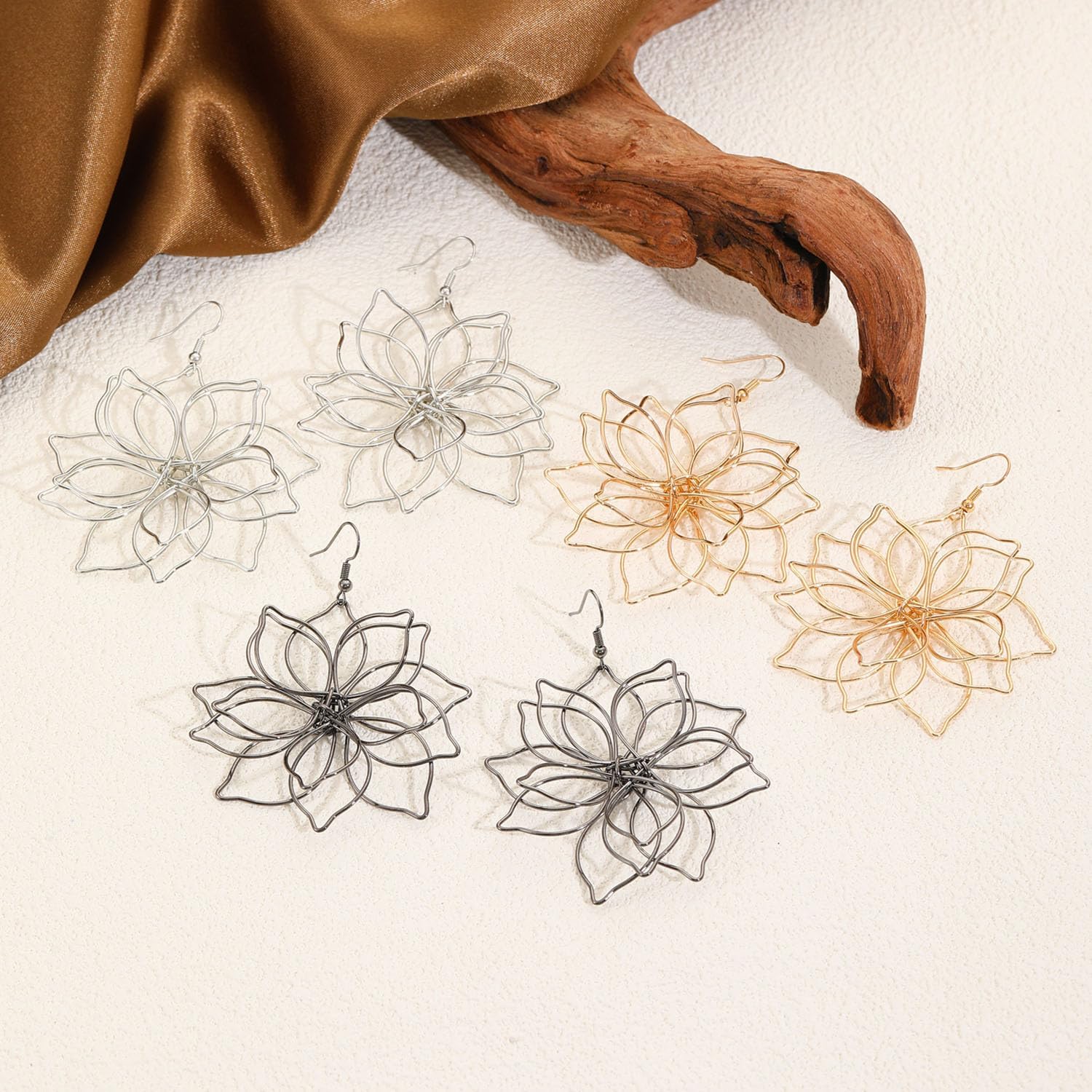 Gold Flower Earrings for Women Large Flower Stud Earrings Hollowed Flower Earrings Exaggerate Floral Earrings Flower Statement Earrings Jewelry for Women - Image 7