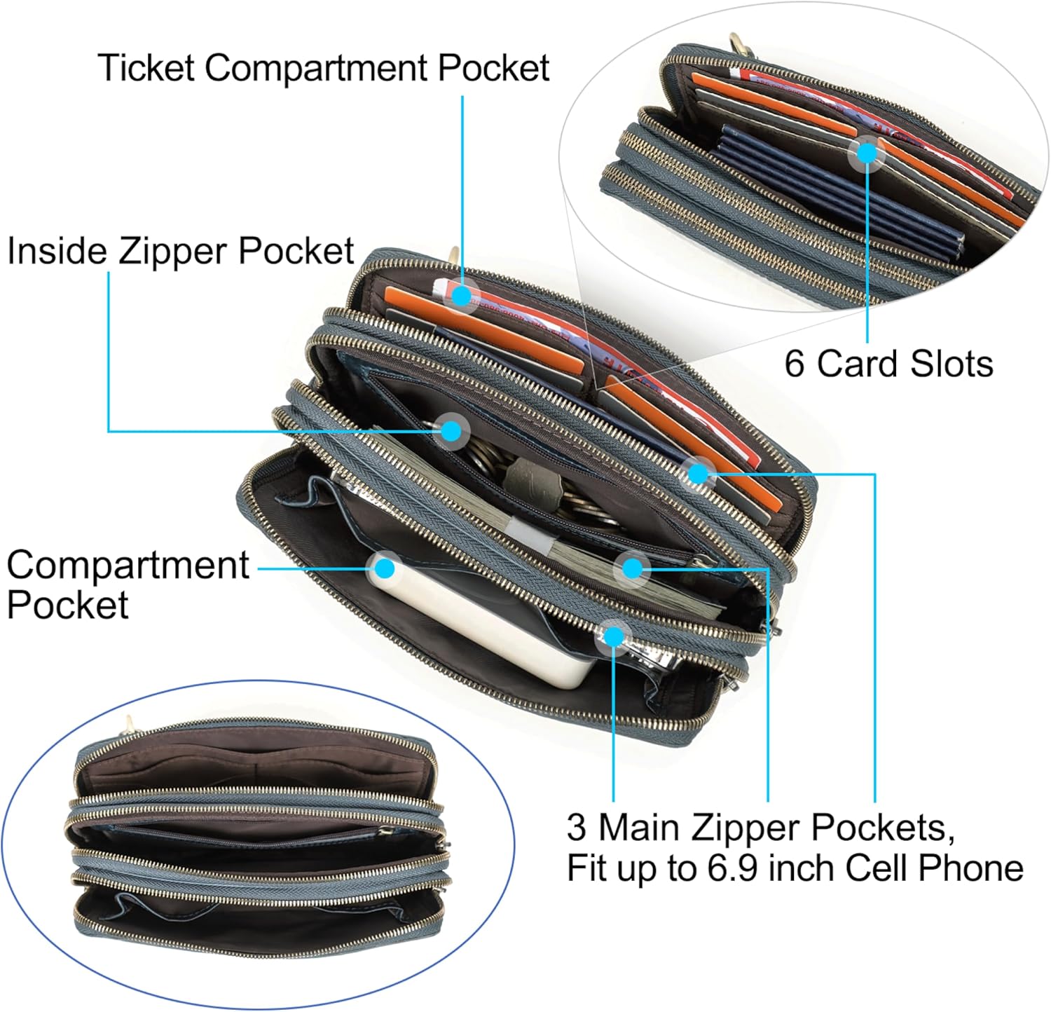 Top Grain Genuine Leather Clutch Wristlet Wallet for Man & Woman, Handmade Vintage Design, Multi Pockets & Slots & Adjustable Strap, Large Capacity for Cards/Checks/Money/Passport/Phone, Dark Blue - Image 5