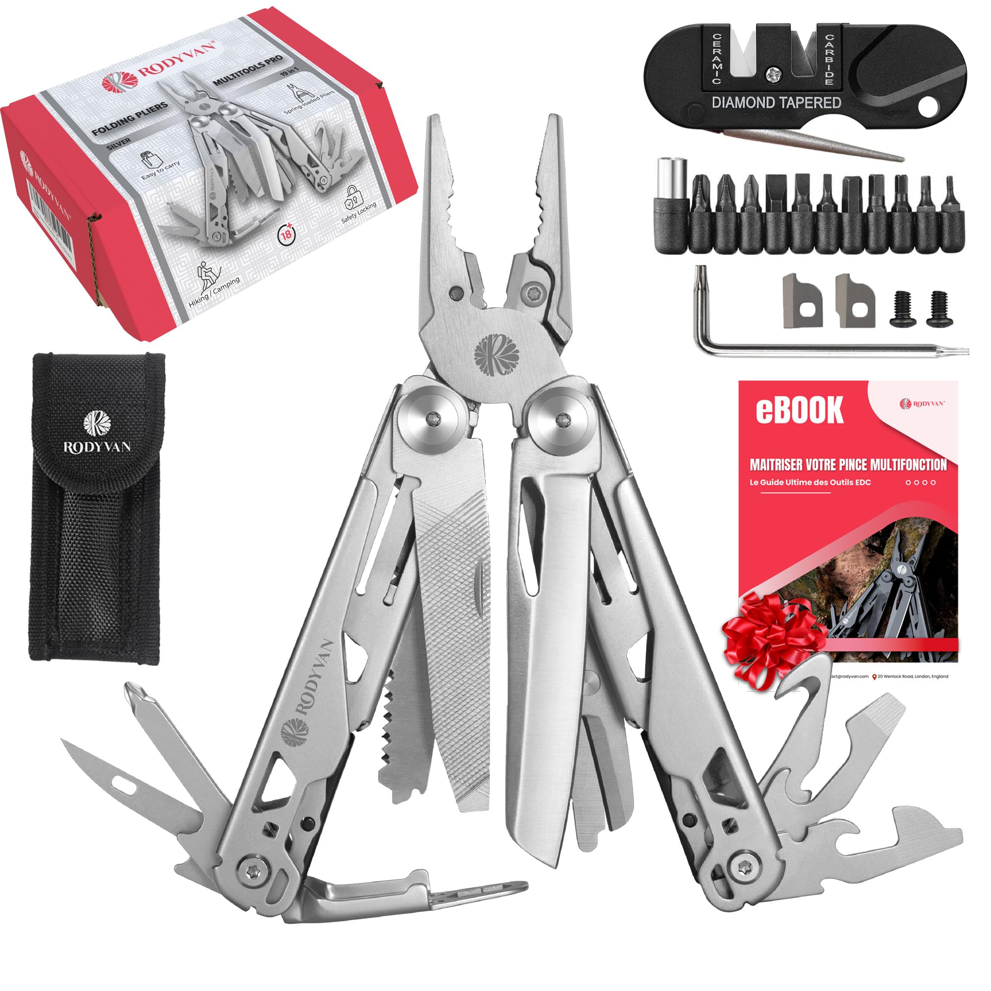 Pince Multifonctions 19-en-1, Outil en Acier Inoxydable avec Aiguiseur, Ciseaux, Scie, Poinçon, Lime, Décapsuleur, jeu de Tournevis. Accessoires de Survie Camping Randonnée, Cadeau pour Homme