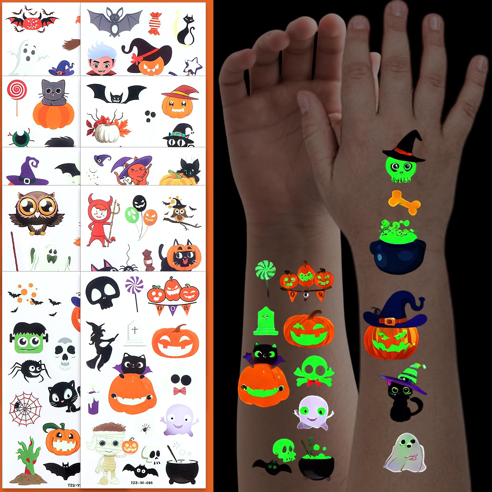 Glow Tattoos for Kids, Halloween Party Favors Gifts Birthday Supplies Goodie Bag Fillers?Halloween Tattoos for Kids Party Decorations, Luminous Pumpkin/Candy/Ghost Tattoo Stickers