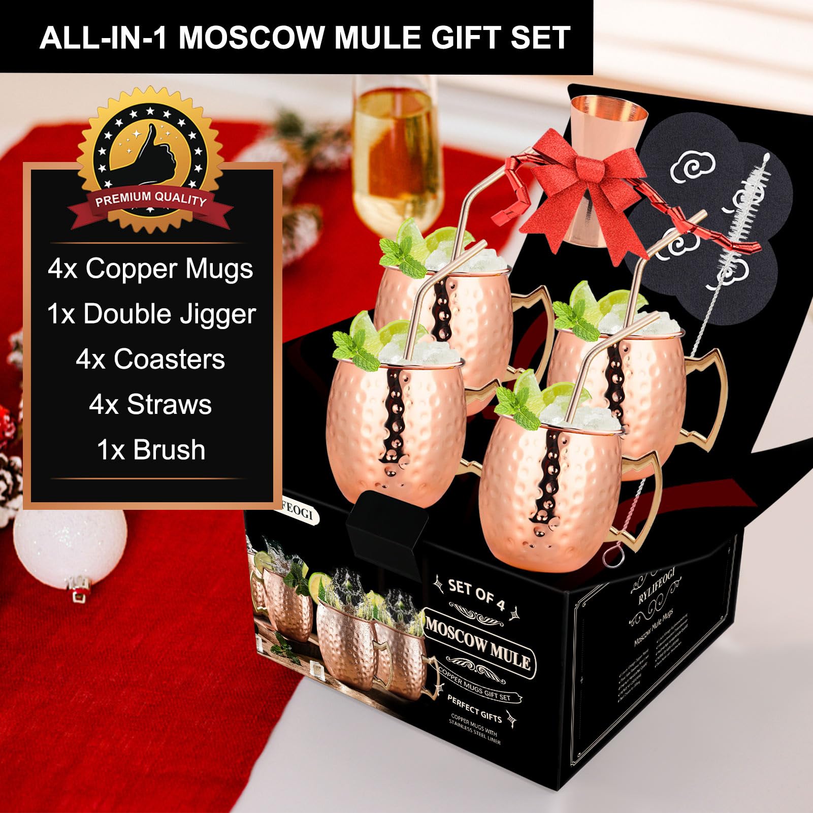 Verre Moscow Mule 4 Pièces, 19oz Tasse Cuivre avec Pailles Jigger Cadeau Set pour Bar, Fête (4)