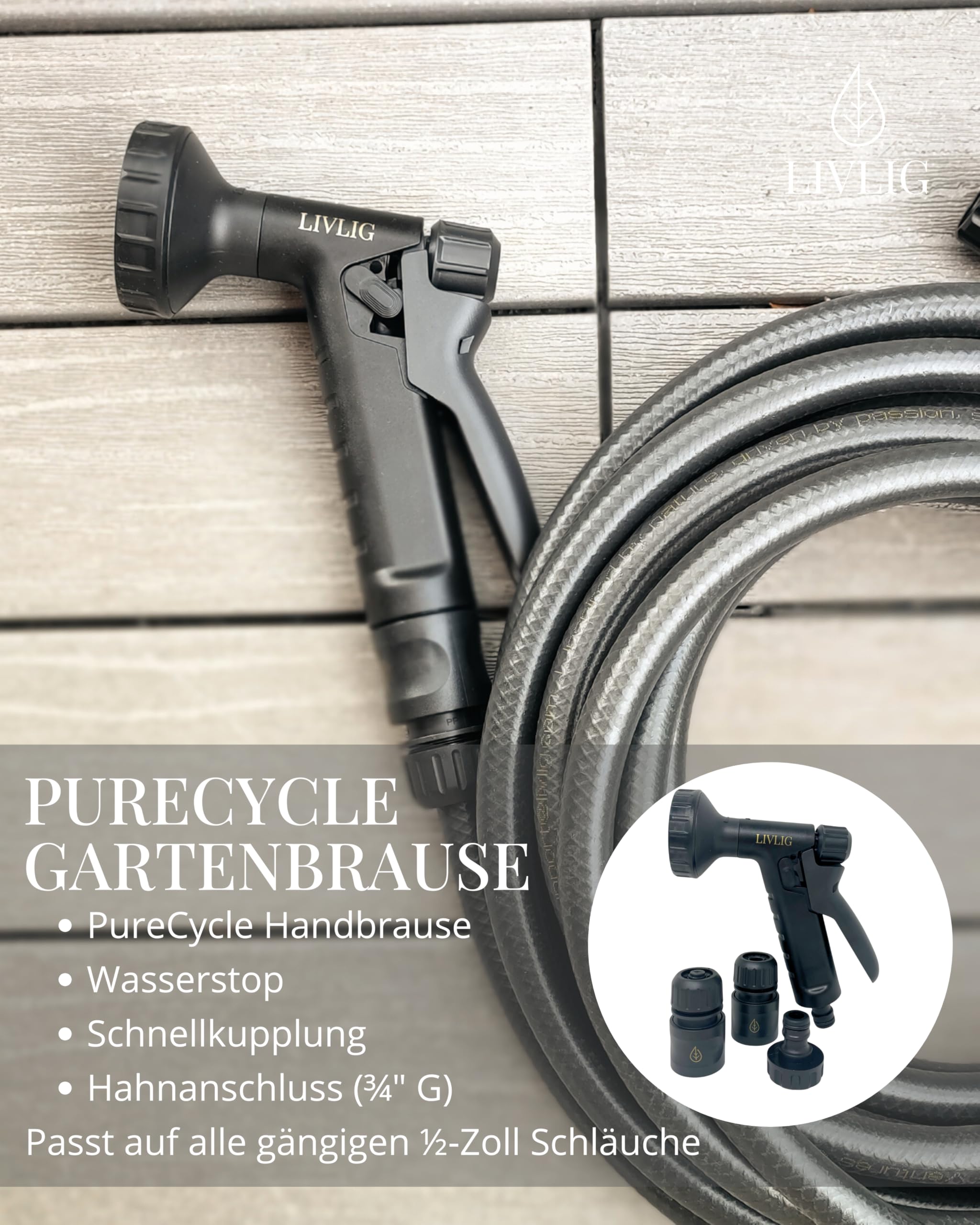 LIVLIG Gartenschlauch 30m im Set, Schwarzer Gartenschlauch aus 85% Recyclingmaterial, Wasserschlauch mit Gartenbrause & 1/2 Zoll Schlauchanschluss, PureCycle