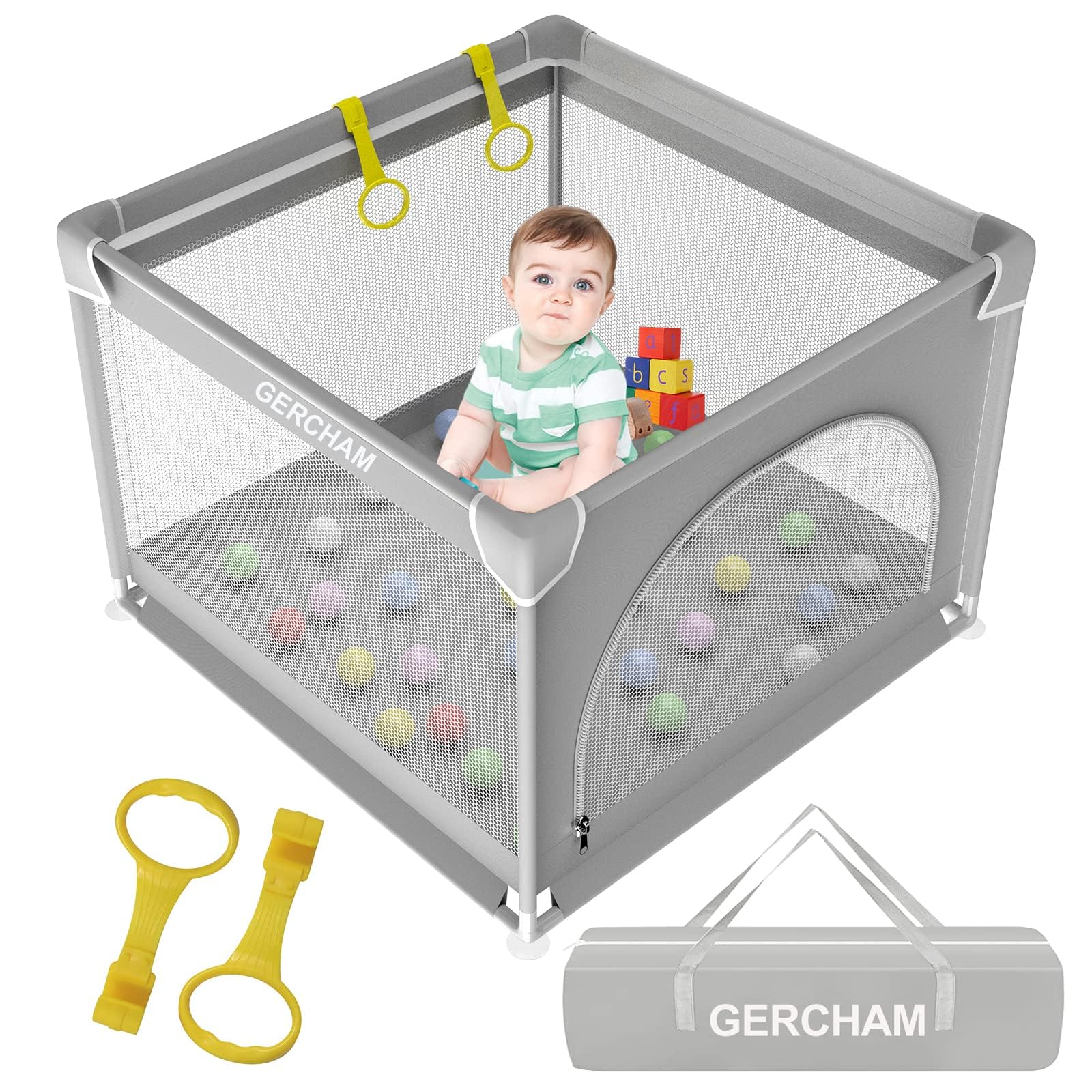 Box Bambini,Recinto per Bambini 90x90cm con Porta di Sicurezza,Traspirante e Antiscivolo,Portatile 0-6 anni,Adatto per Interni ed Esterni Box