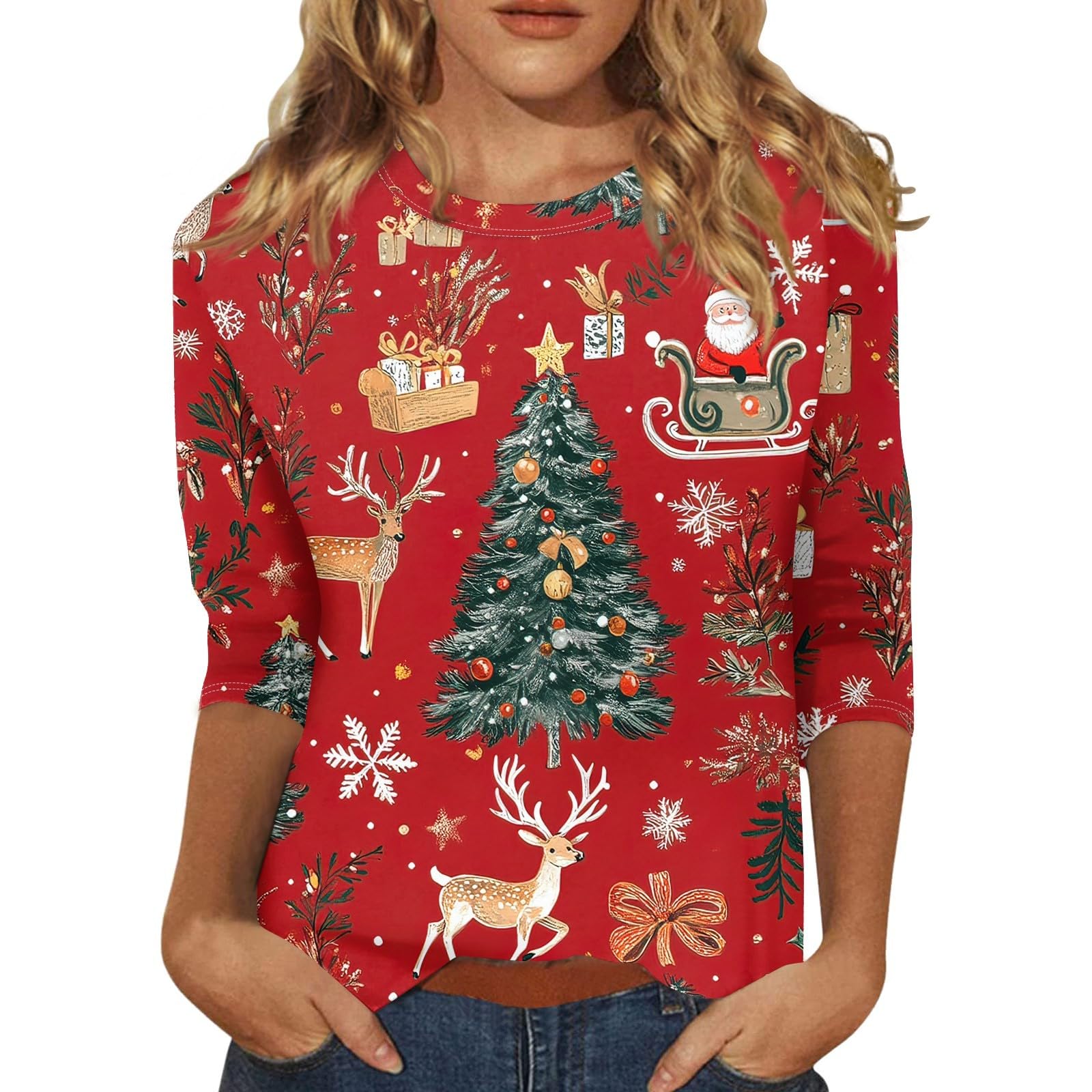 Christmas Tops 3/4 Length Sleeve Womens Tops Womens Christmas Tree Printed Tshirts Tops Trendy Cute 3/4 Length Sleeve Round Neck Shirts Loose Fit