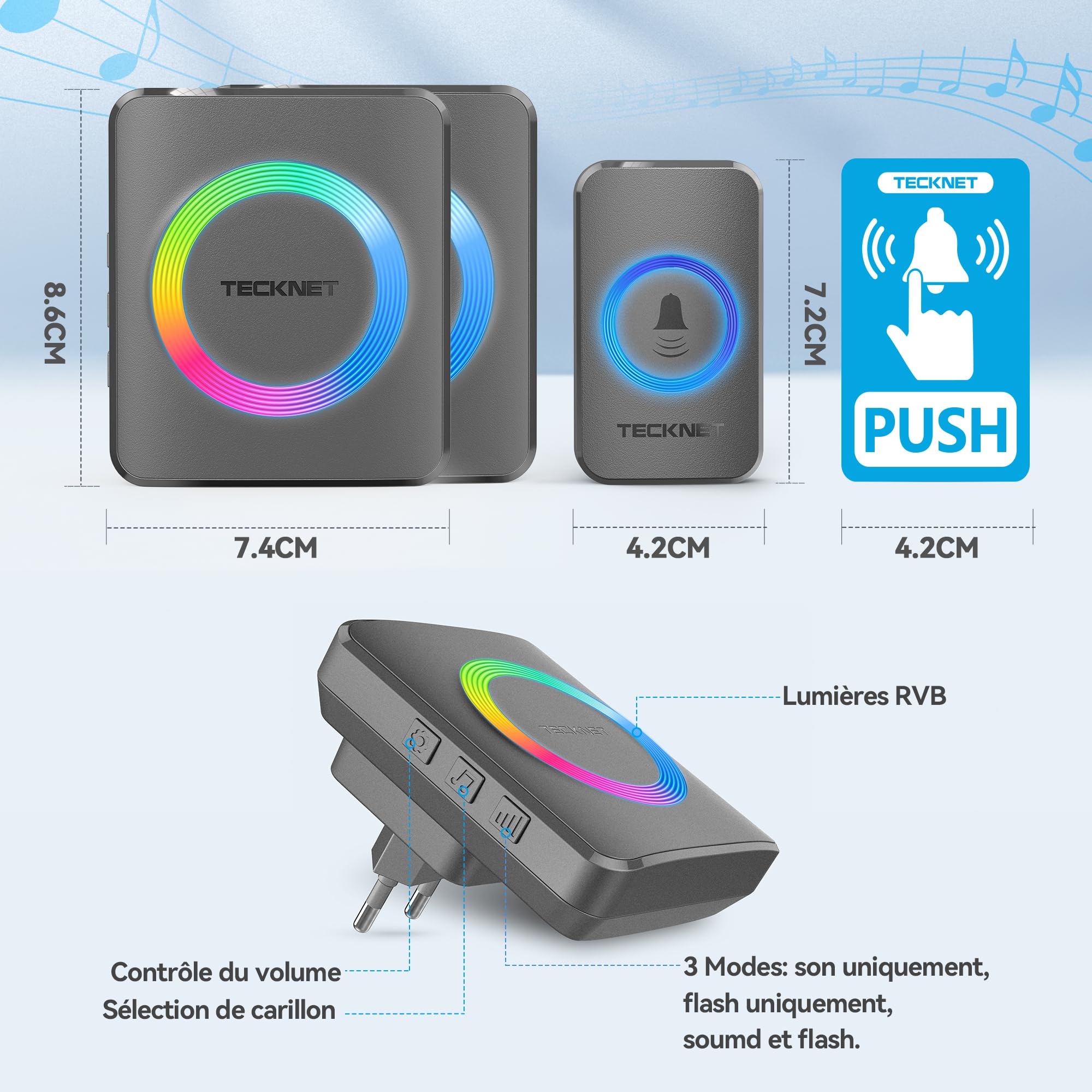 TECKNET Sonnette sans Fil, IP65 Exterieur Étanche Sonnette Sans Fil 500 Mètres Two Récepteur Sonnette Electronique, 60 Mélodies 5-Niveaux Éclairage RVB, pour Maison, Hôtel, Urgence