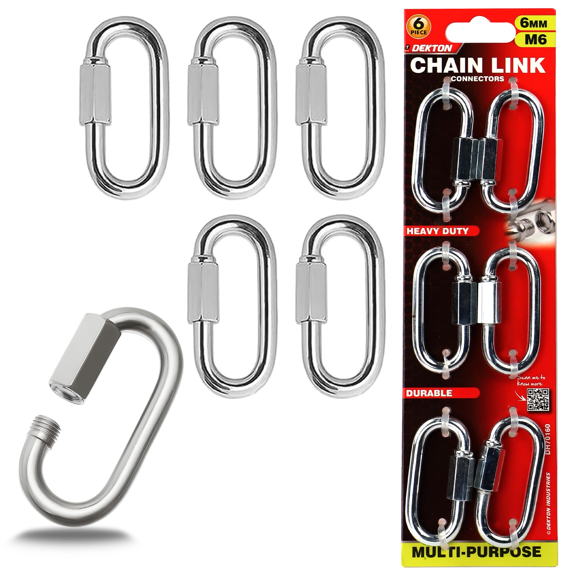 Dekton 6pc Chain Link Connector 6mm- Heavy-Duty Metal Links| Ideal for Securing Chains and Ropes| Rust-Resistant Finish| Perfect for Outdoor, Industrial Applications| High Strength, Durable, Versatile