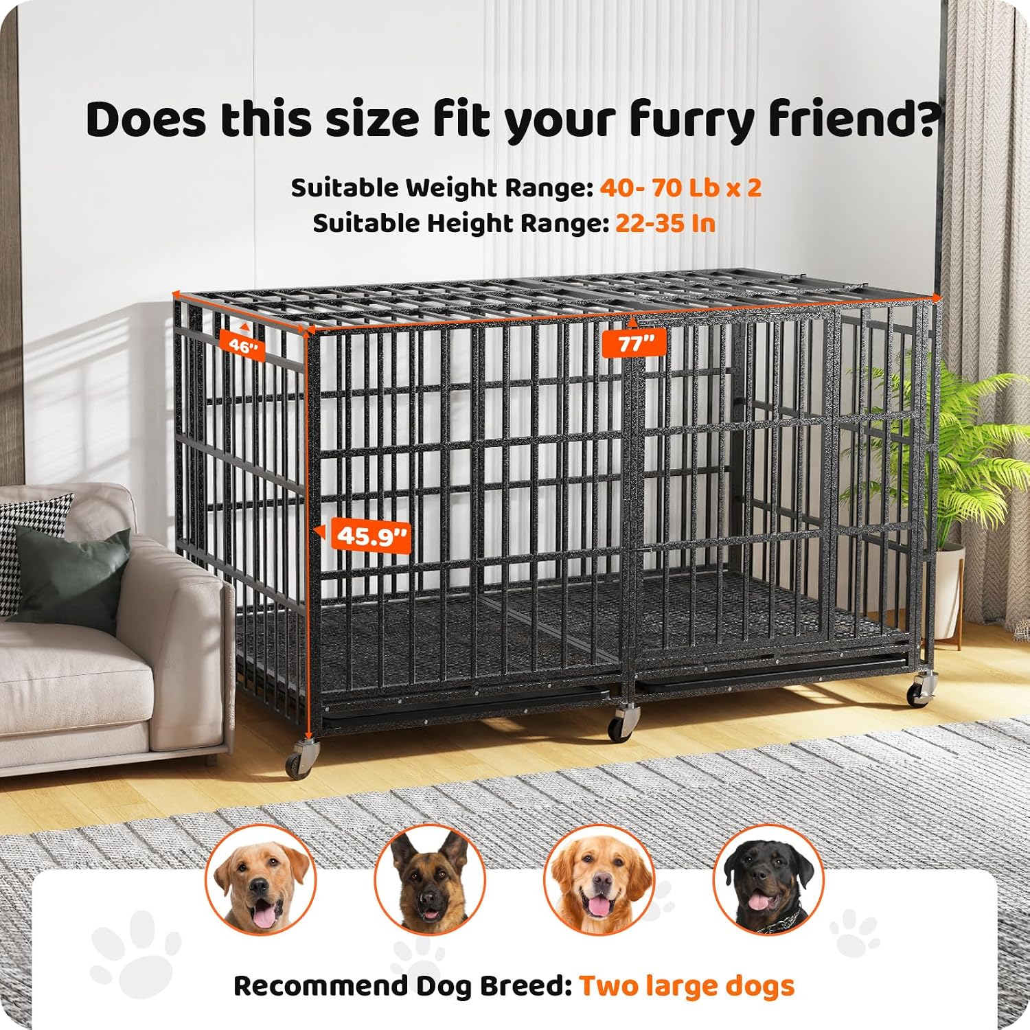 Heavy Duty Dog Crate, 78 Inch Indestructible Dog Crate XXL Giant Metal Kennel for Large Dogs, Escape Proof Strong Metal Dog Cage with Wheels & Tray, High Anxiety Indoor Dog House