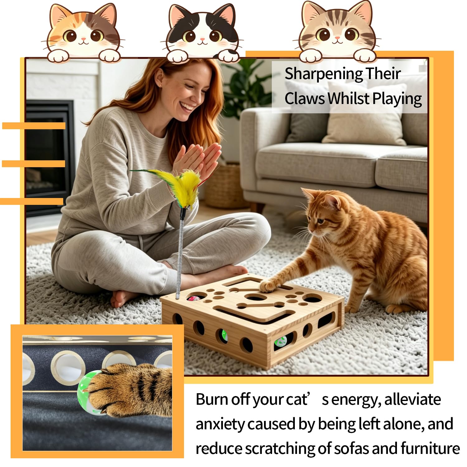 Giochi Interattivi per Gatti in Legno Massello 2 in 1 con Carta Abrasiva | Giochi Gatto Tiragraffi Cartone Gioco Gatto con Carta Abrasiva Bacchetta di Piume Tre Palline Sonagli Dimensione 30X25X7,8 cm