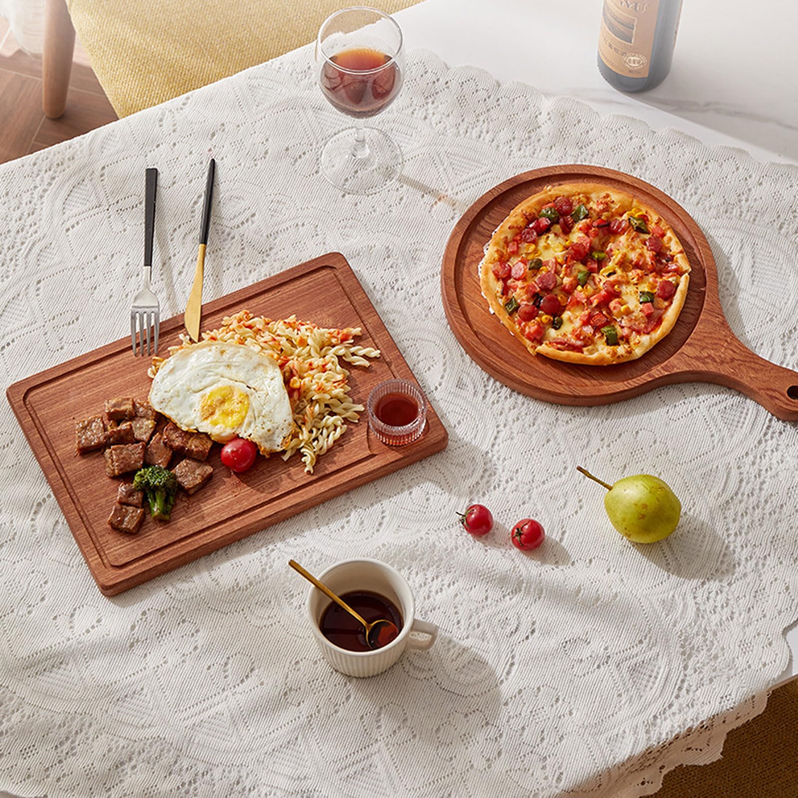 MRKU Bandeja de Madera con asa para Servir Pizza, Filete, Borde Elevado, Ideal para Fiestas, cenas y desayunos.