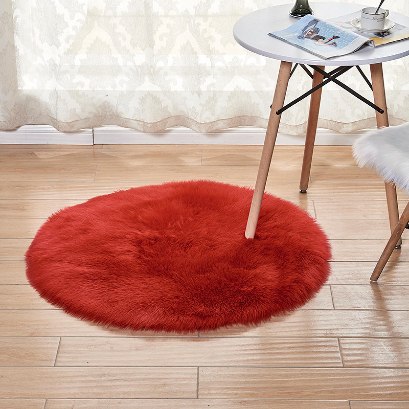Tapis rond rouge en fausse fourrure lavable de 180 cm pour le salon