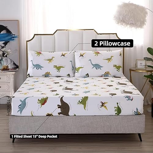 Miniatura 2 de MAG 3 piezas de sábana de dinosaurio tamaño matrimonial con base blanca de dinosaurios coloridos, microfibra súper suave, para niños, adolescentes y