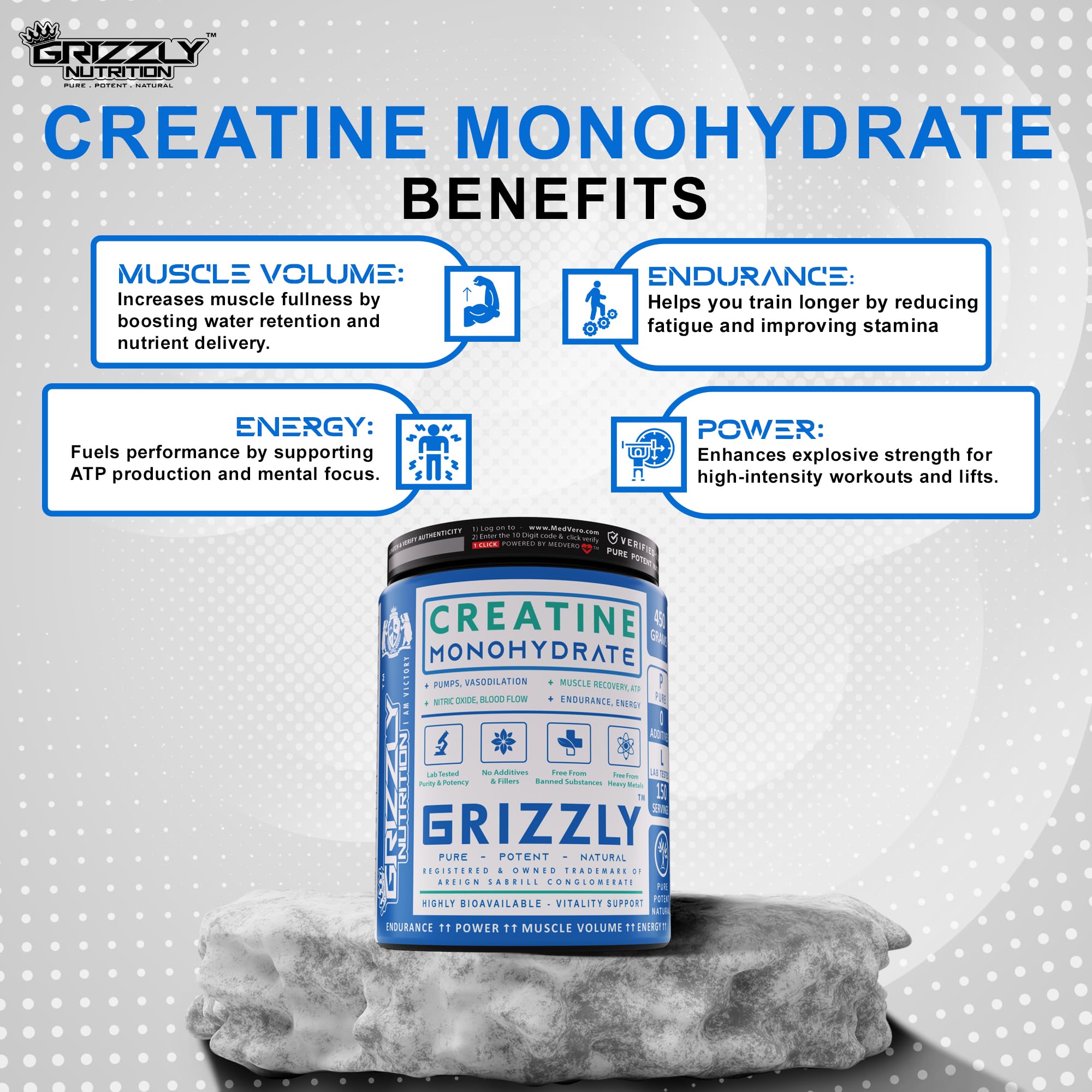 Grizzly Nutrition Creatine Monohydrate Powder, 150 Grams, Pure and Potent, Lab Tested, 50 Servings, Unflavoured 4